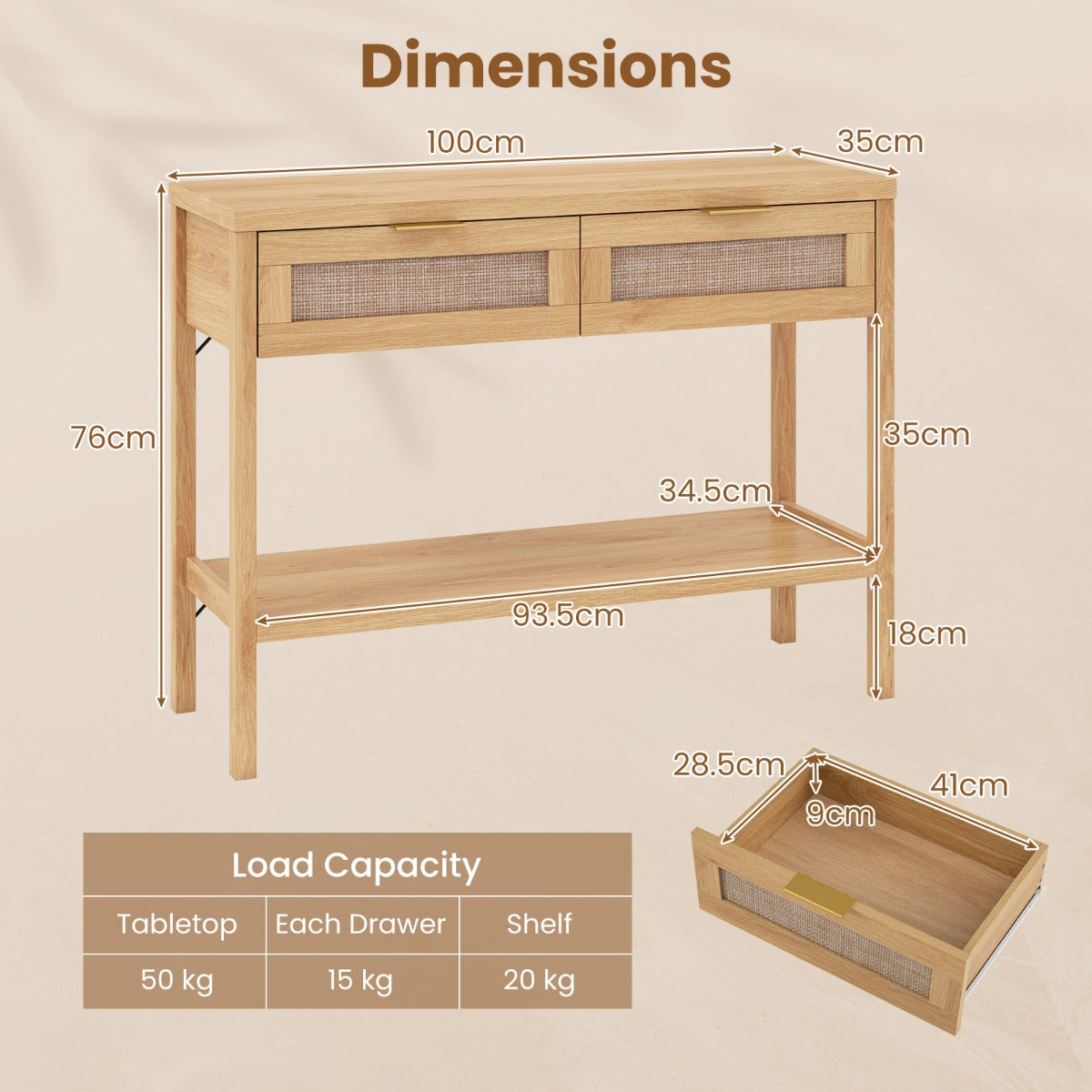 LIVSK Consoletafel - Moderne Landhuisstijl - 2 Lades - Hoogwaardig PE-Rotan - Stabiele Houten Constructie - Zwart/Naturel