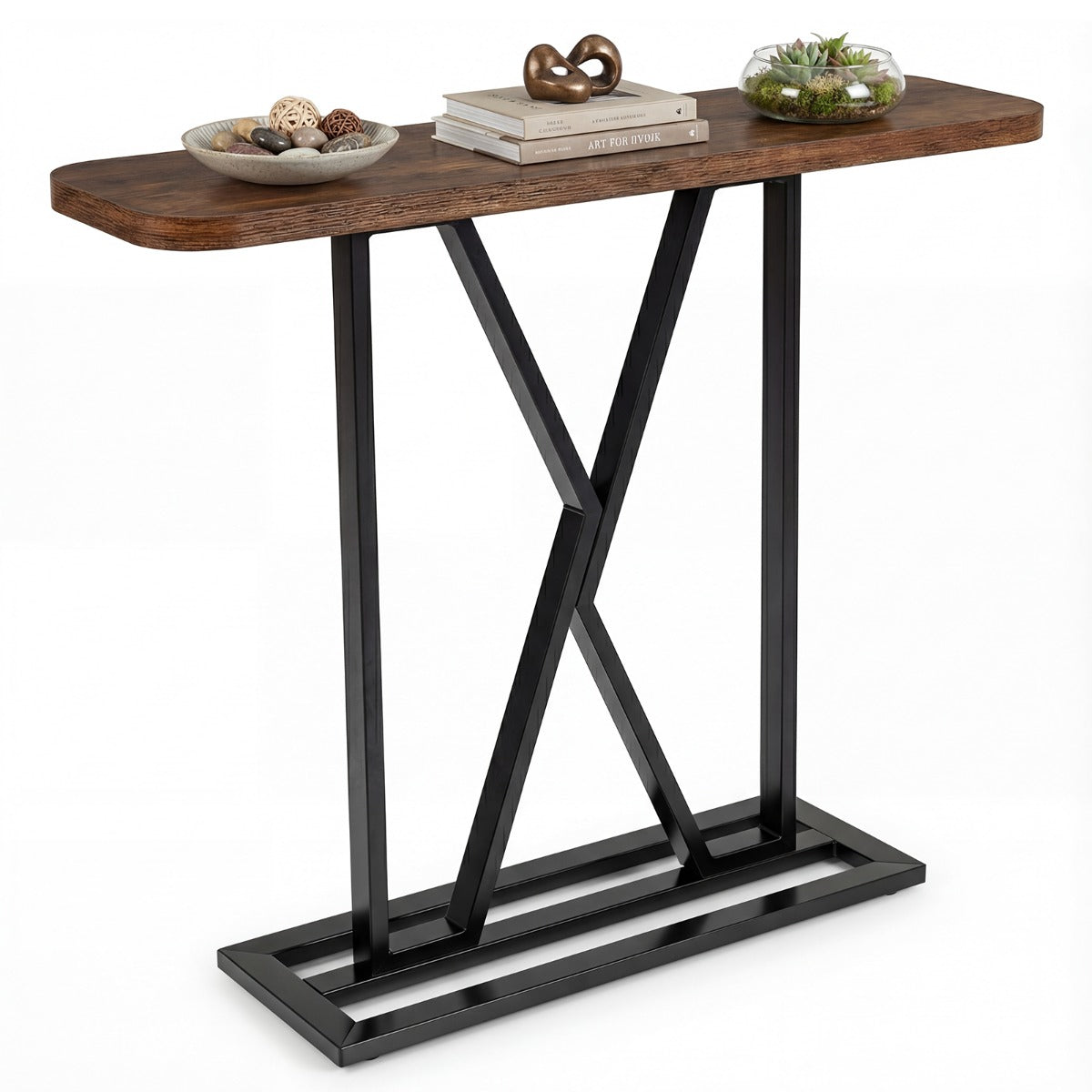 LIVSK Consoletafel - X-vormig Frame met Rustieke Houtnerf - Ruim Tafelblad 100 x 29,5 cm - Duurzaam en Stabiel - Bruin