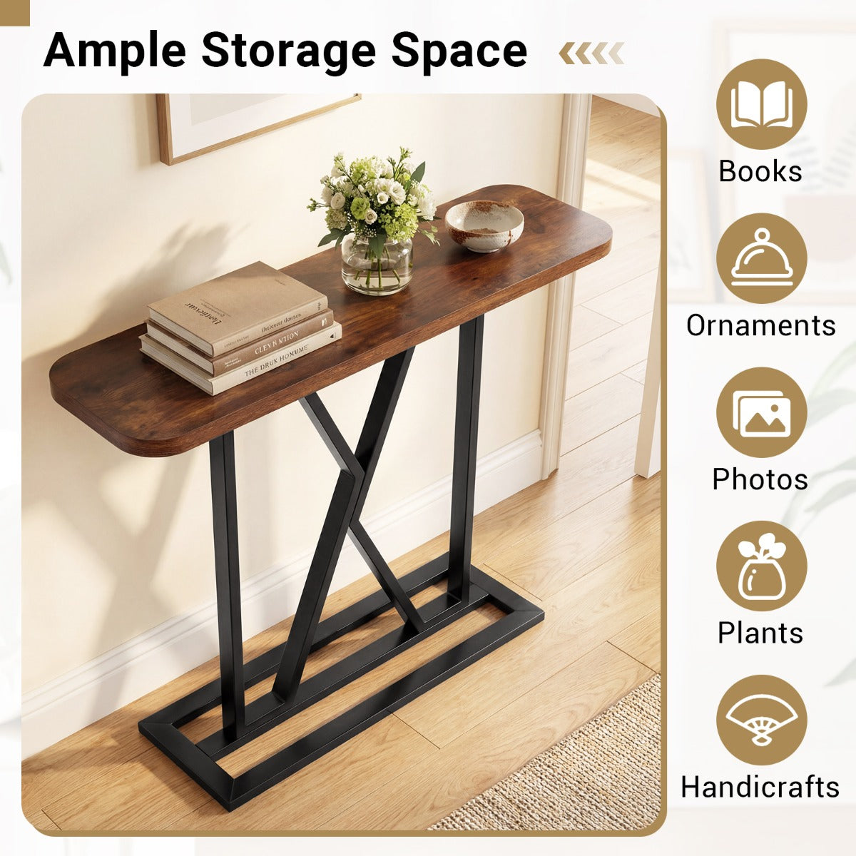 LIVSK Consoletafel - X-vormig Frame met Rustieke Houtnerf - Ruim Tafelblad 100 x 29,5 cm - Duurzaam en Stabiel - Bruin