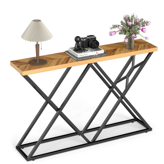 LIVSK Consoletafel - X-vormige Geometrische Voet - Houtnerf Tafelblad - 140 cm - Draagvermogen 75 kg - Natuur