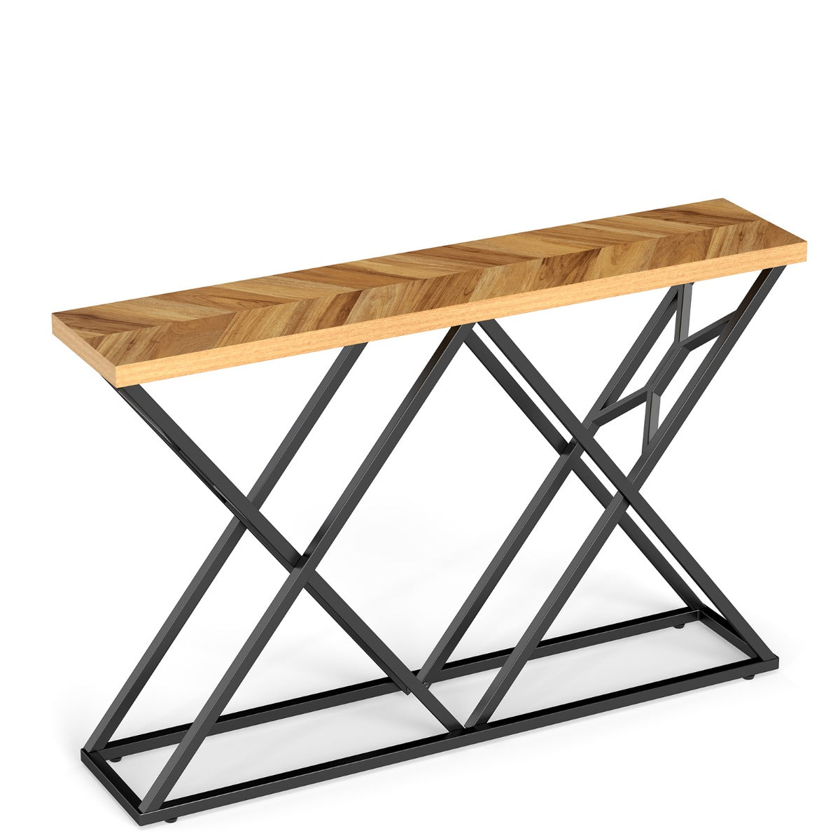 LIVSK Consoletafel - X-vormige Geometrische Voet - Houtnerf Tafelblad - 140 cm - Draagvermogen 75 kg - Natuur