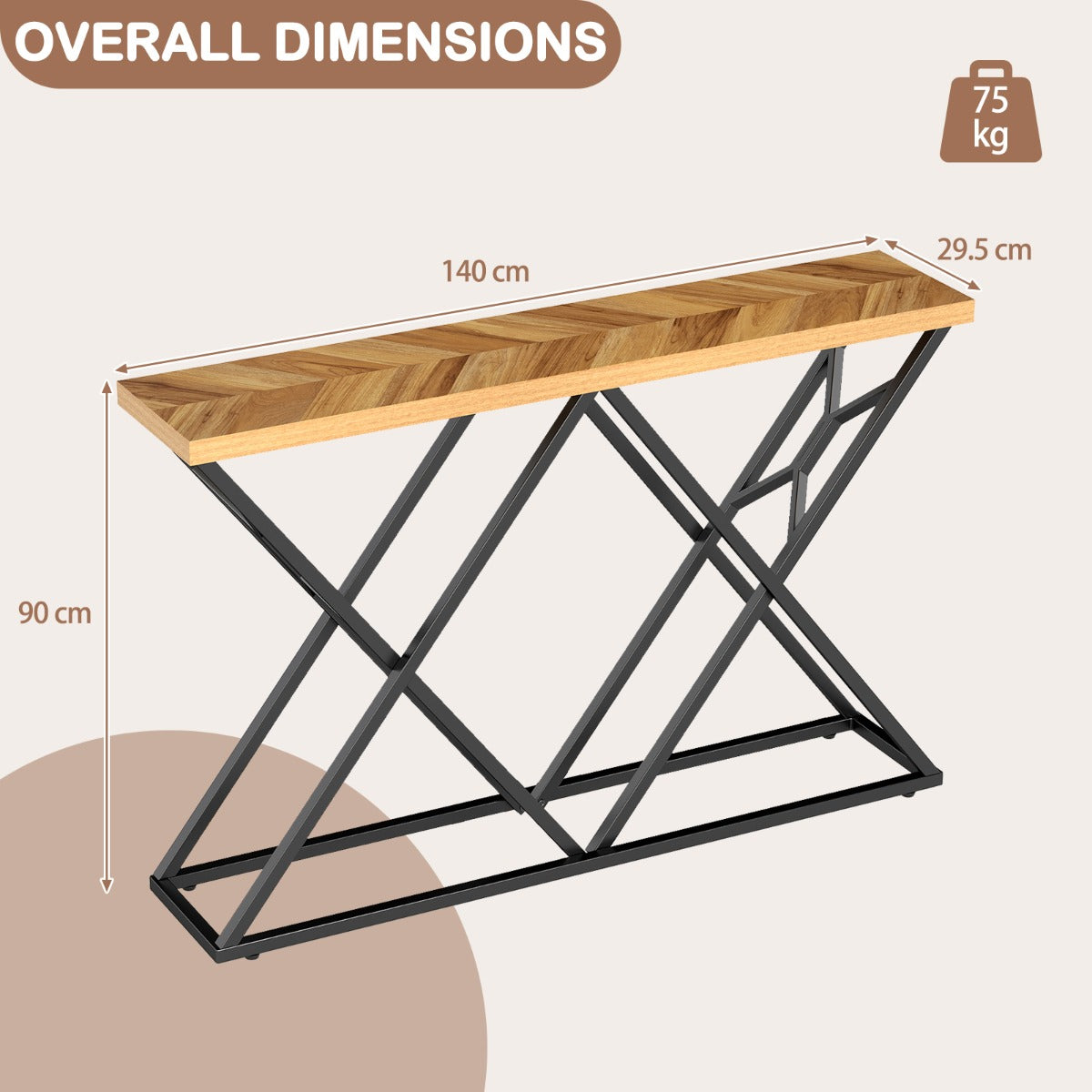 LIVSK Consoletafel - X-vormige Geometrische Voet - Houtnerf Tafelblad - 140 cm - Draagvermogen 75 kg - Natuur