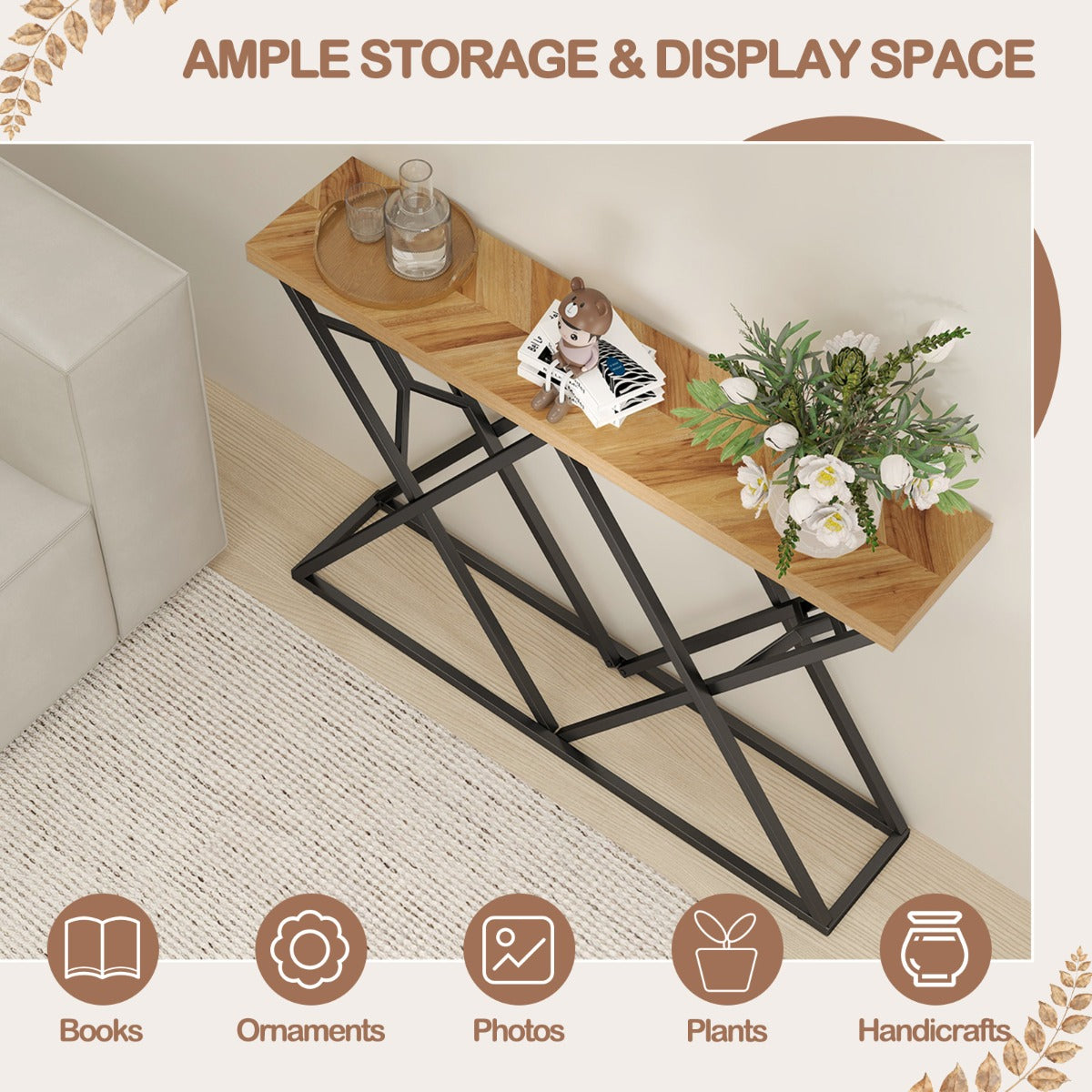 LIVSK Consoletafel - X-vormige Geometrische Voet - Houtnerf Tafelblad - 140 cm - Draagvermogen 75 kg - Natuur