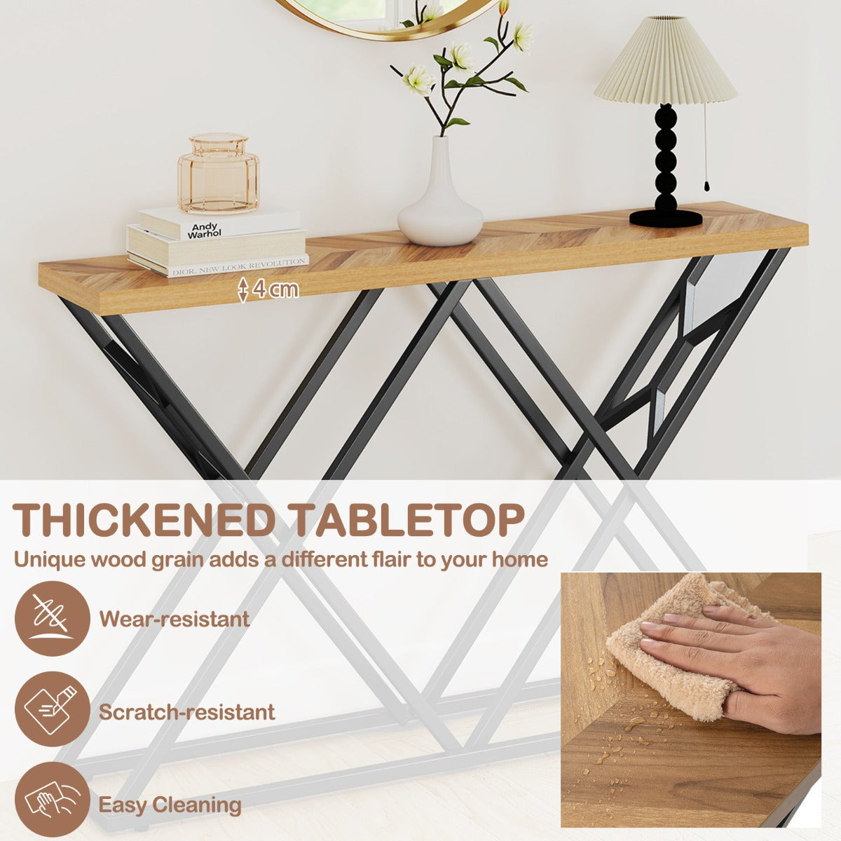 LIVSK Consoletafel - X-vormige Geometrische Voet - Houtnerf Tafelblad - 140 cm - Draagvermogen 75 kg - Natuur