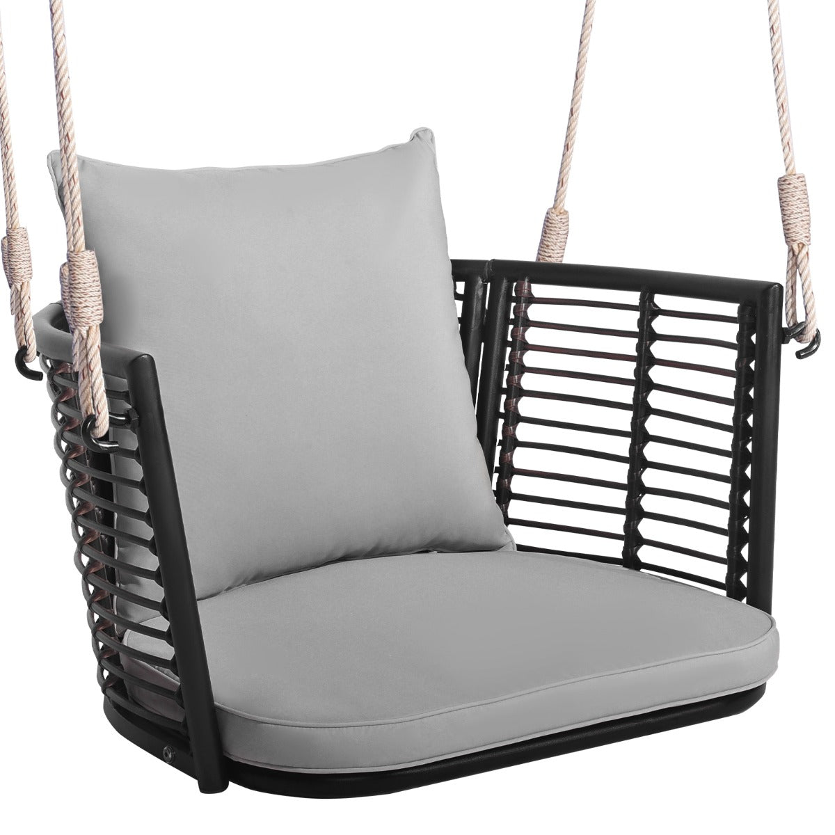 LIVSK Schommelstoel voor Veranda - Robuust Metalen Frame - Gevlochten Rotan Rugleuning - Inclusief Kussens - Tot 180 kg - Grijs