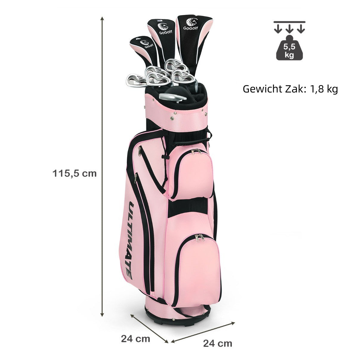 LIVSK Dames Complete Golfclubset - 460cc Driver - Fairway Wood - Hybride - Ijzers 6-9, PW & Putter - Lichtgewicht Stand Tas - Roze