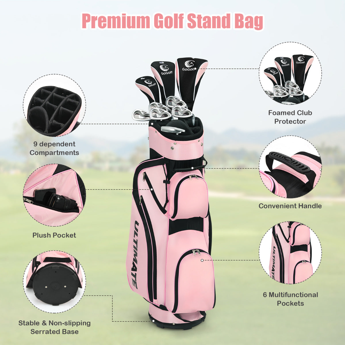 LIVSK Dames Complete Golfclubset - 460cc Driver - Fairway Wood - Hybride - Ijzers 6-9, PW & Putter - Lichtgewicht Stand Tas - Roze