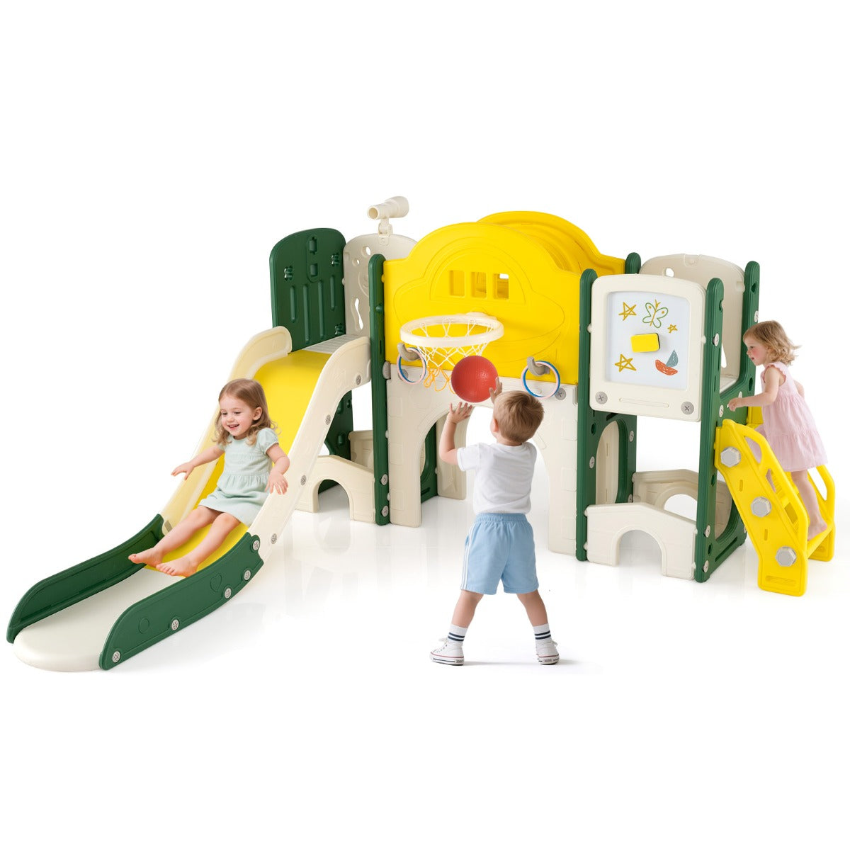 Livsk costway 10 in 1 glijbaan voor kinderen met magnetisch schoolbord telescoop en ringwerpspel