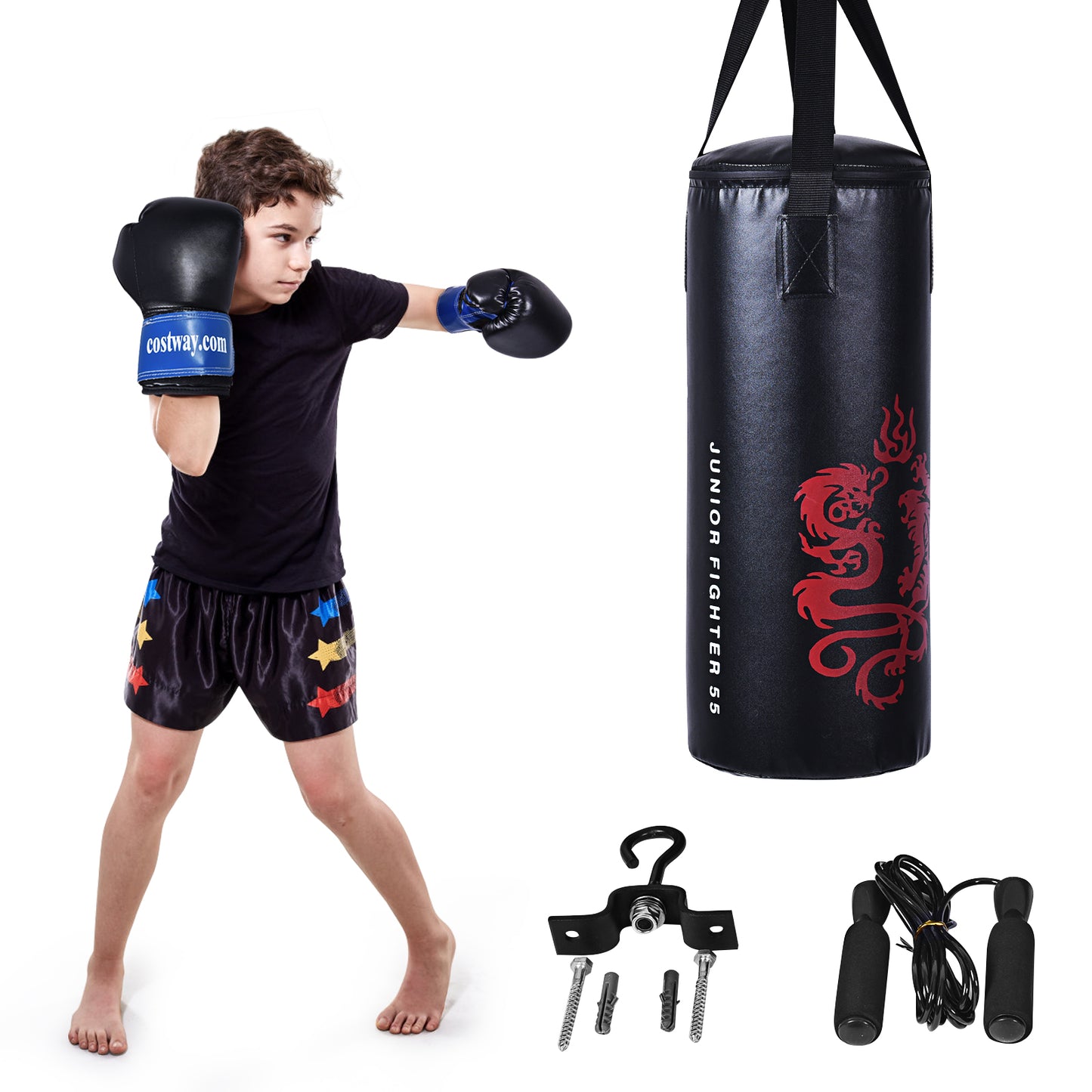 LIVSK Kinderboxset met Bokszak en Bokshandschoenen - Hoogwaardig PU - Inclusief Springtouw en Rugzak - Ideaal voor Fitness - Zwart