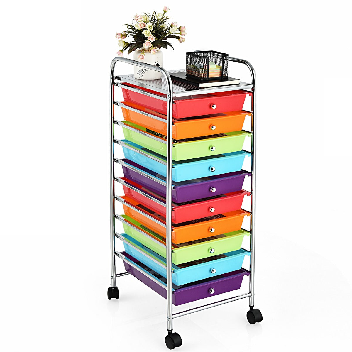 LIVSK Opbergwagen met 10 Laden - Verchroomd Stalen Frame - Mobiel met Zwenkwielen - Compact en Duurzaam - 32,5 x 37 x 86 cm -