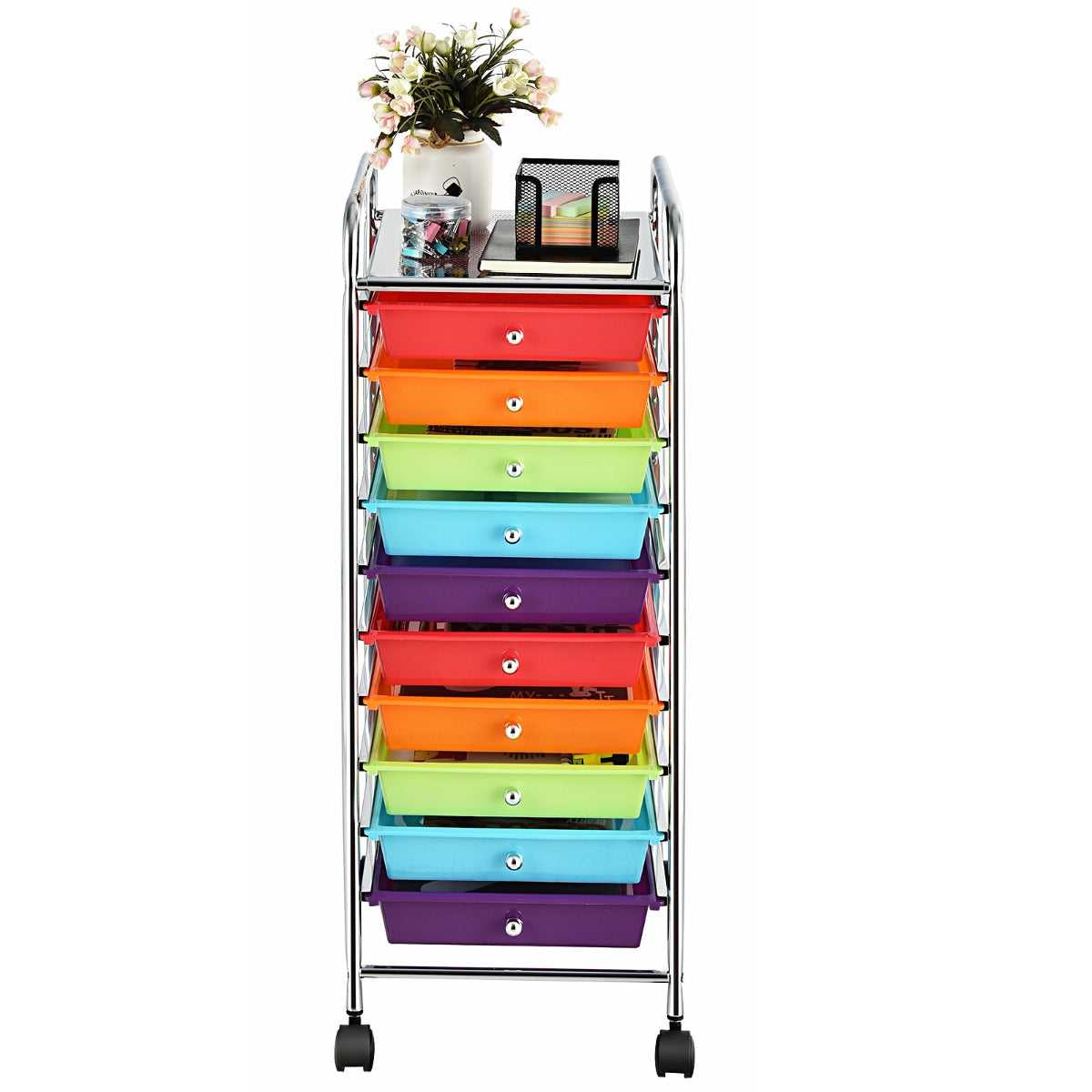 LIVSK Opbergwagen met 10 Laden - Verchroomd Stalen Frame - Mobiel met Zwenkwielen - Compact en Duurzaam - 32,5 x 37 x 86 cm -
