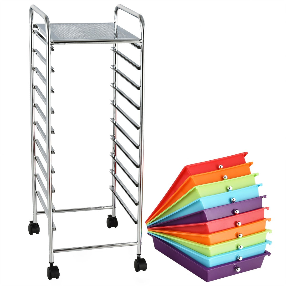 LIVSK Opbergwagen met 10 Laden - Verchroomd Stalen Frame - Mobiel met Zwenkwielen - Compact en Duurzaam - 32,5 x 37 x 86 cm -