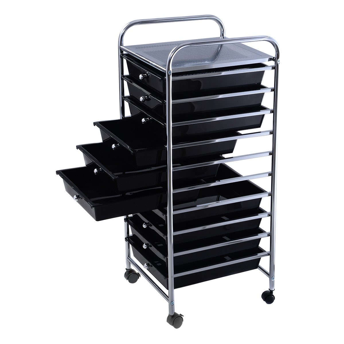 LIVSK Opbergwagen - 10 Grote Lades - Verchroomd Staal - 360° Roterende Wielen - Vergrendelbaar - 32,5 x 37 x 86 cm - Zwart