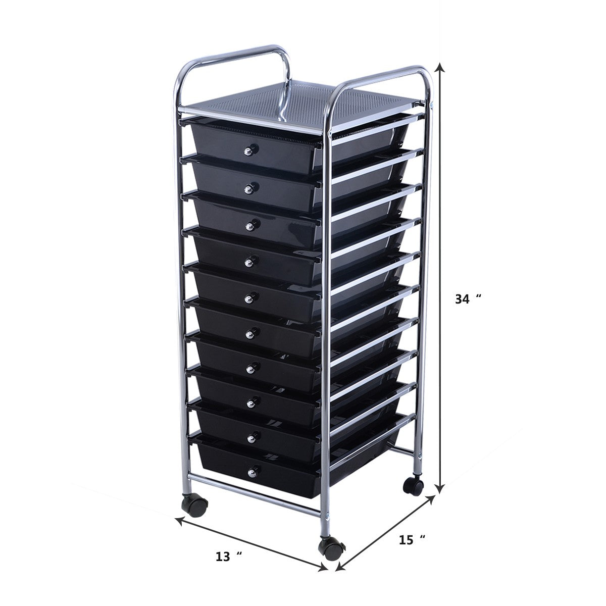 LIVSK Opbergwagen - 10 Grote Lades - Verchroomd Staal - 360° Roterende Wielen - Vergrendelbaar - 32,5 x 37 x 86 cm - Zwart