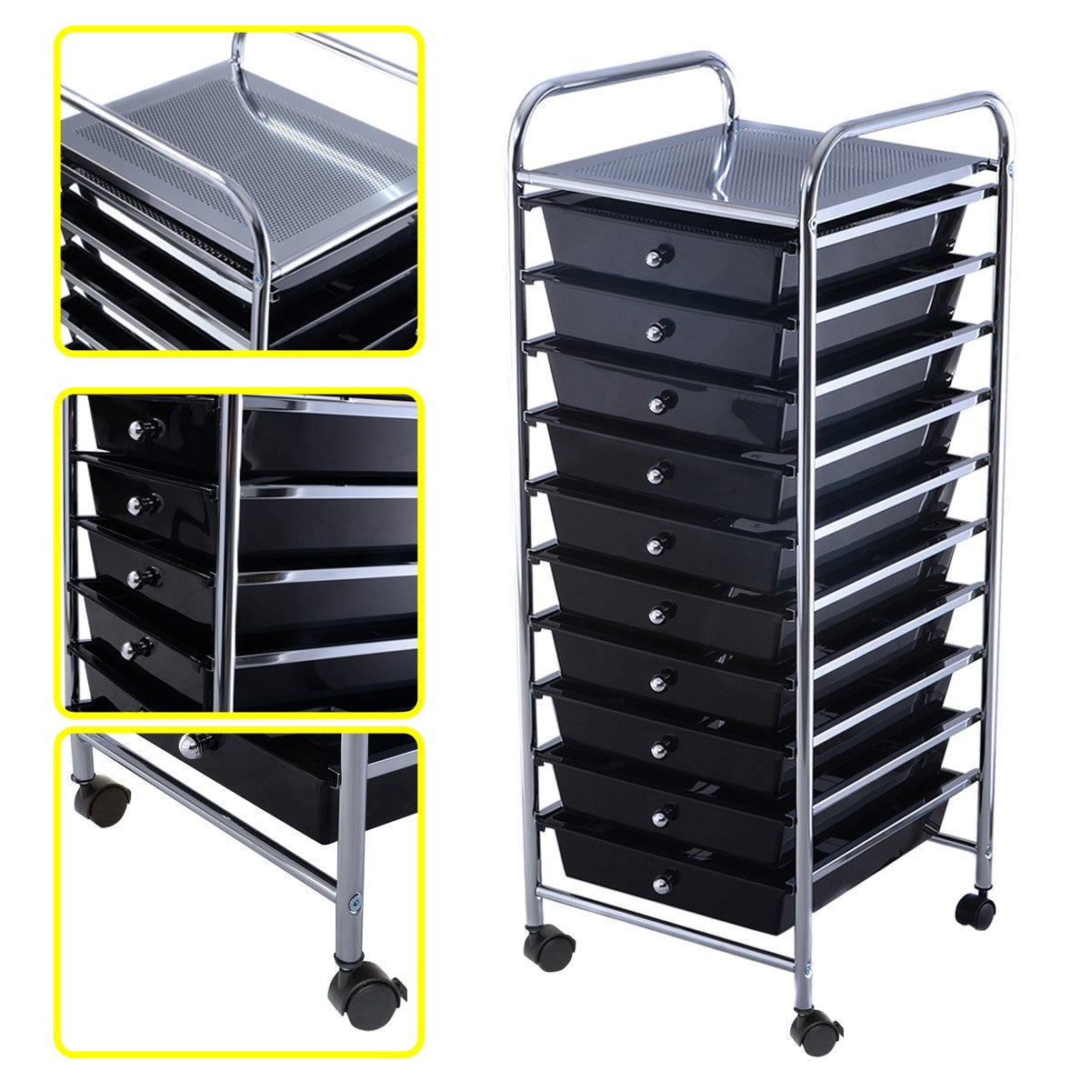 LIVSK Opbergwagen - 10 Grote Lades - Verchroomd Staal - 360° Roterende Wielen - Vergrendelbaar - 32,5 x 37 x 86 cm - Zwart