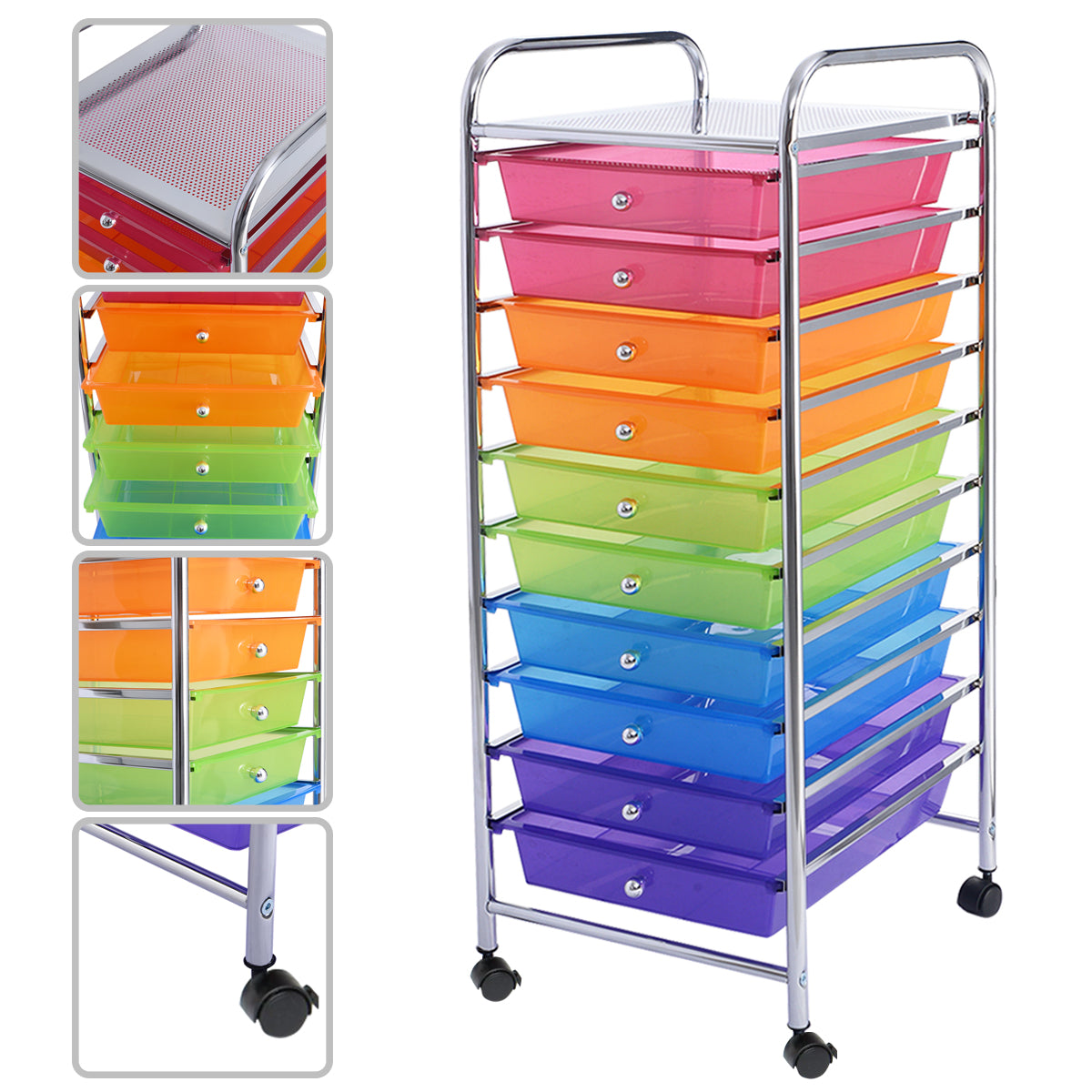 LIVSK Opbergwagen - 10 Grote Lades - Verchroomd Stalen Frame - 360° Roterende Wielen - Compact - Zwart