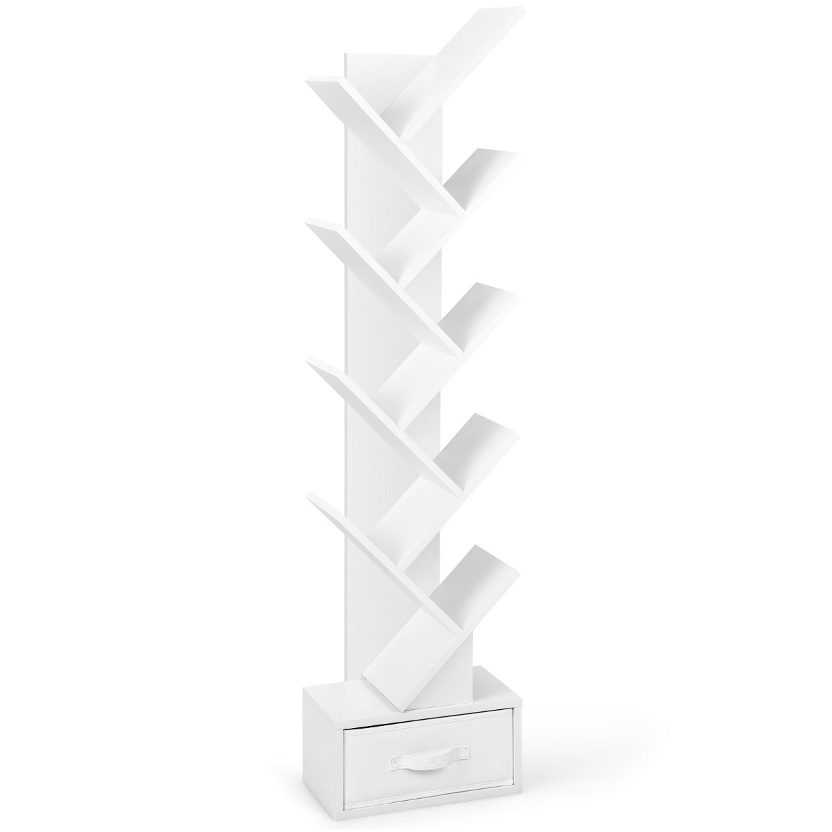 LIVSK Boom Boekenplank - 10 Open Planken & Stoffen Lade - Modern Design - Stevige Constructie - 38 x 21,5 x 149,5 cm - Wit