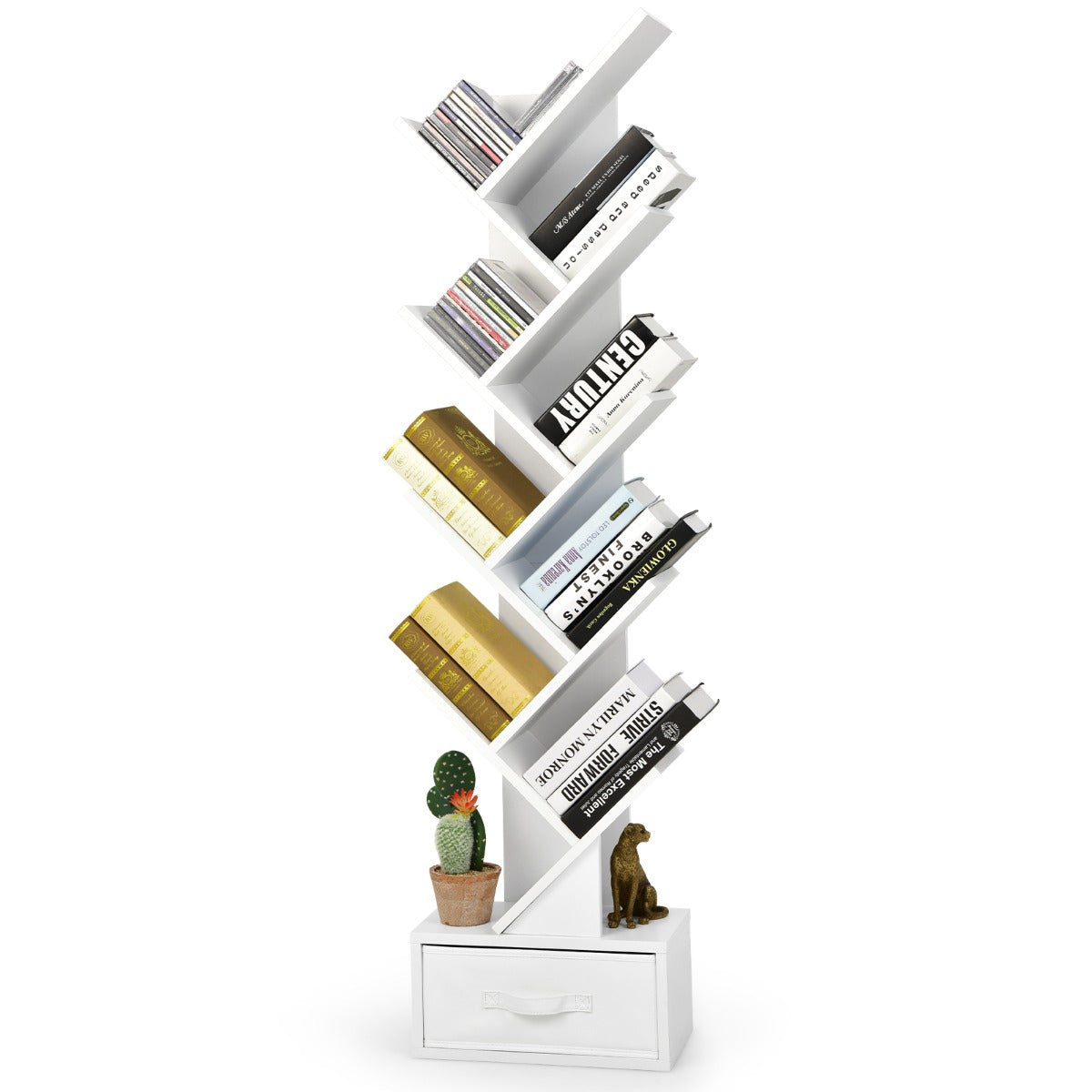 LIVSK Boom Boekenplank - 10 Open Planken & Stoffen Lade - Modern Design - Stevige Constructie - 38 x 21,5 x 149,5 cm - Wit