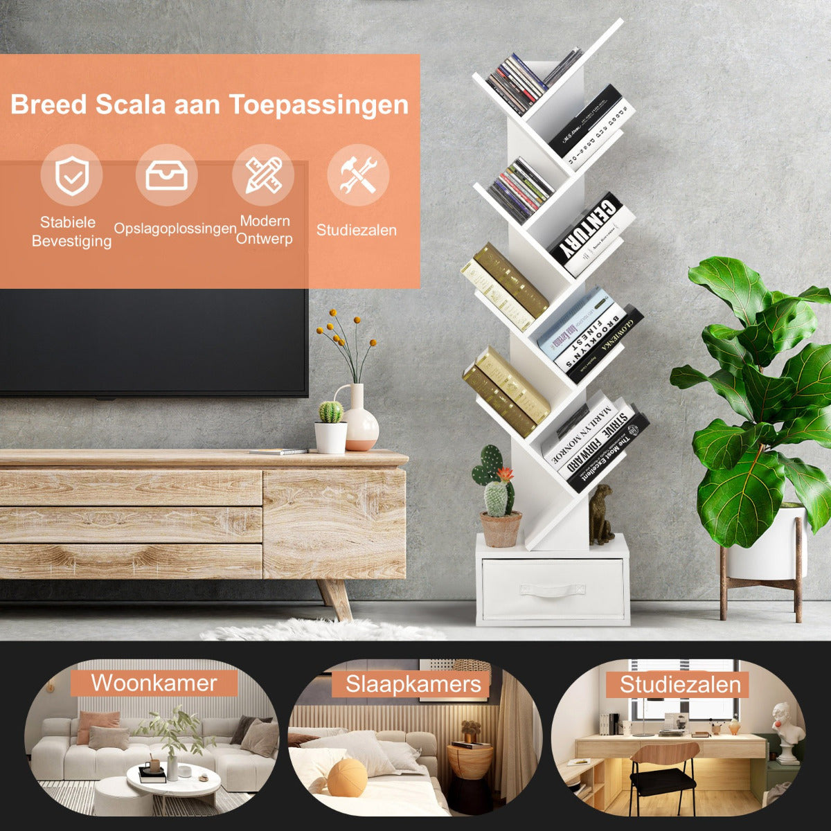 LIVSK Boom Boekenplank - 10 Open Planken & Stoffen Lade - Modern Design - Stevige Constructie - 38 x 21,5 x 149,5 cm - Wit