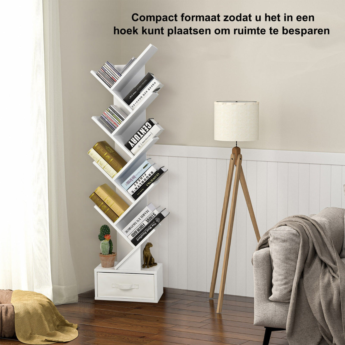 LIVSK Boom Boekenplank - 10 Open Planken & Stoffen Lade - Modern Design - Stevige Constructie - 38 x 21,5 x 149,5 cm - Wit