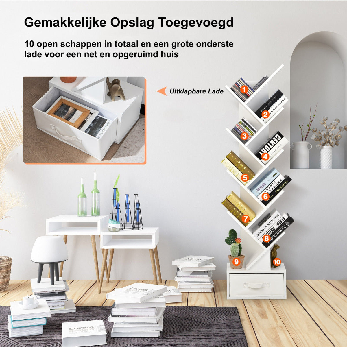 LIVSK Boom Boekenplank - 10 Open Planken & Stoffen Lade - Modern Design - Stevige Constructie - 38 x 21,5 x 149,5 cm - Wit