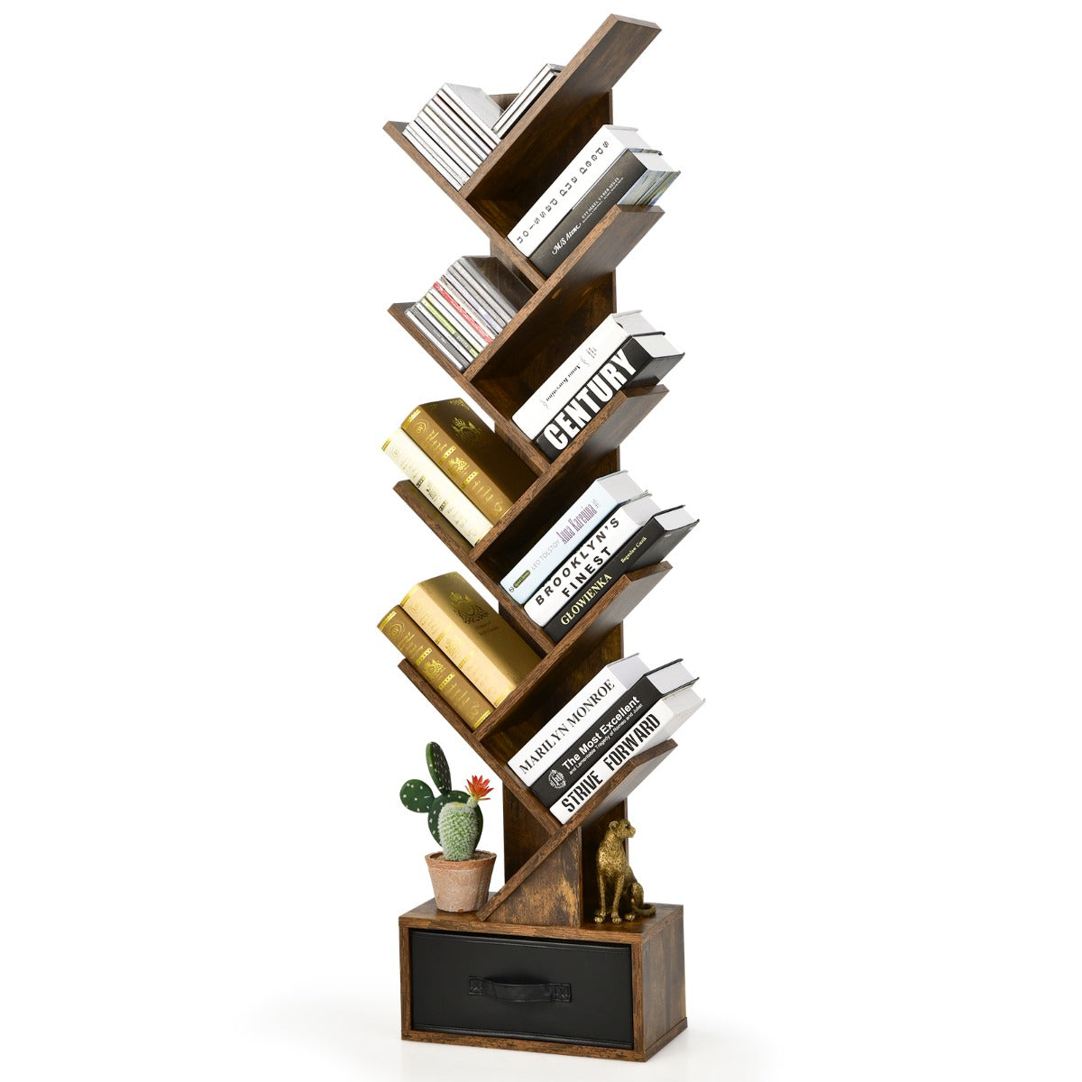 LIVSK Boom Boekenplank - Uniek Boomvormig Design - 10 Open Planken en Stoffen Lade - Stevige Constructie - 38 x 21,5 x 149,5 cm -