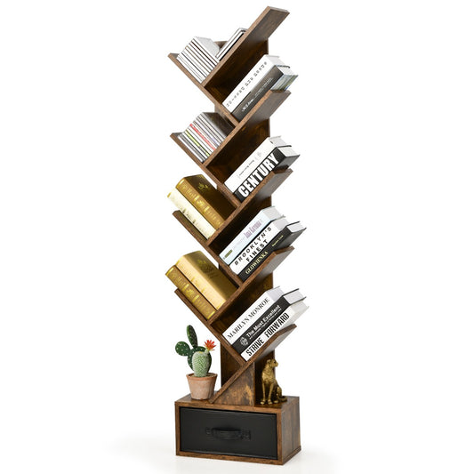 LIVSK Boom Boekenplank - Uniek Boomvormig Design - 10 Open Planken en Stoffen Lade - Stevige Constructie - 38 x 21,5 x 149,5 cm -
