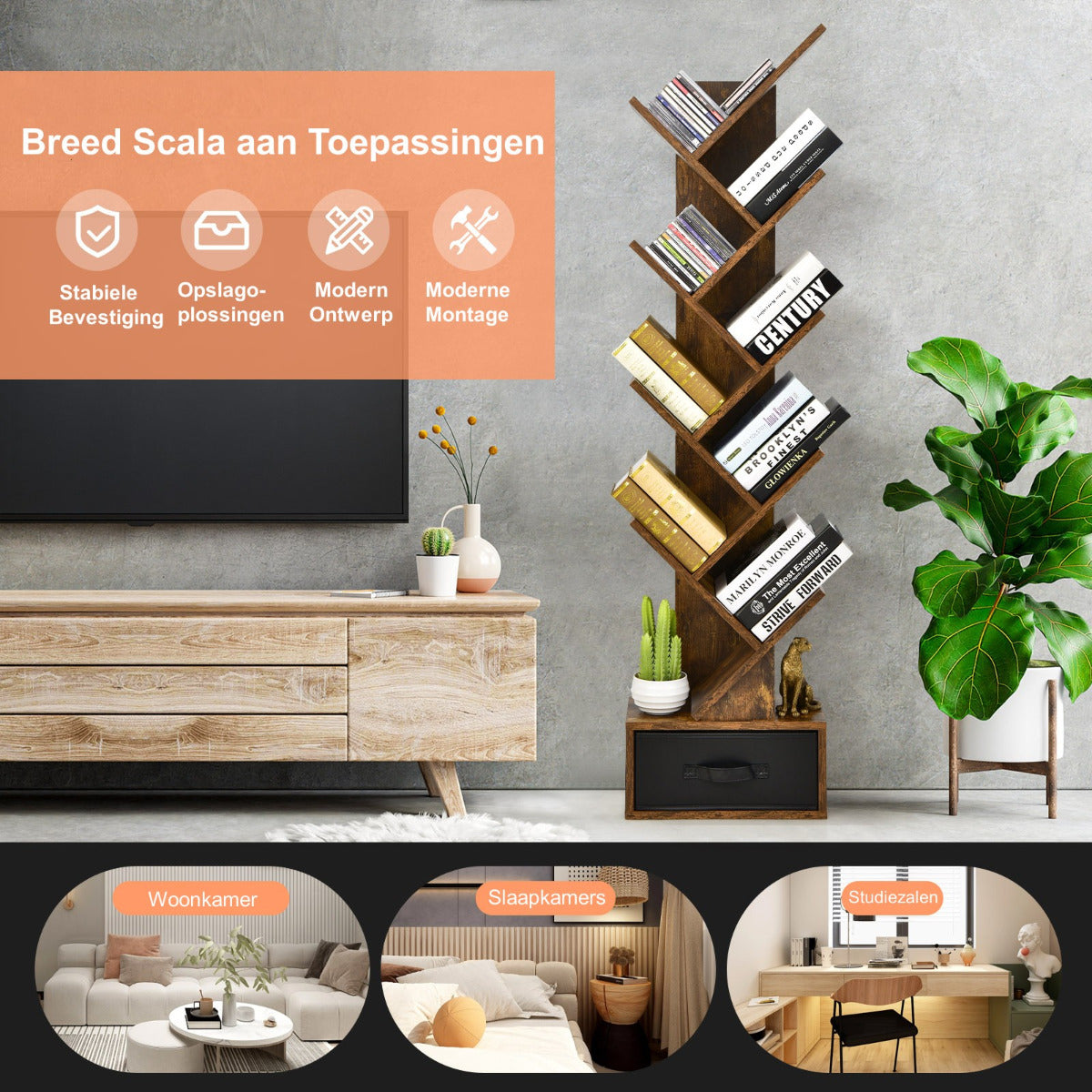 LIVSK Boom Boekenplank - Uniek Boomvormig Design - 10 Open Planken en Stoffen Lade - Stevige Constructie - 38 x 21,5 x 149,5 cm -