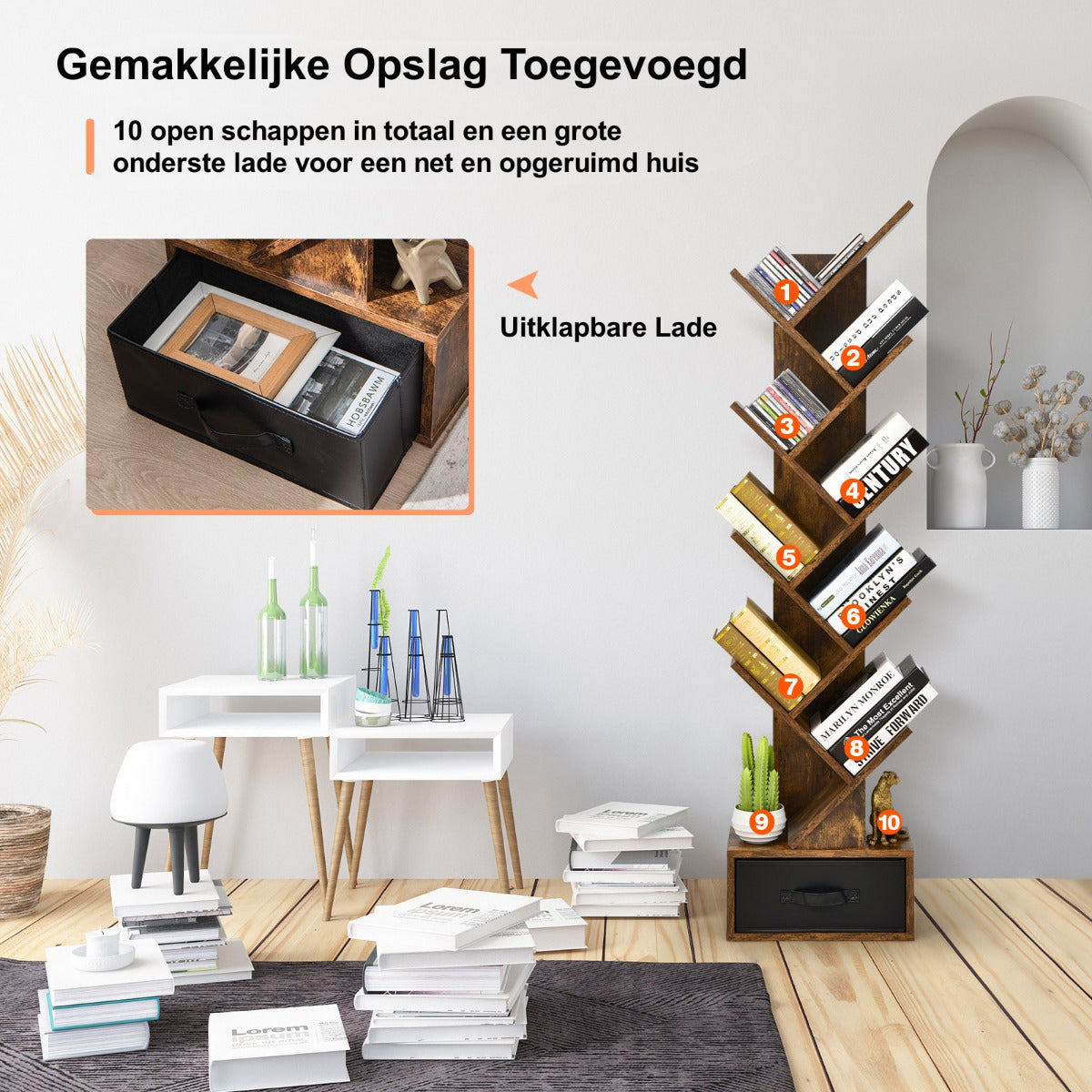 LIVSK Boom Boekenplank - Uniek Boomvormig Design - 10 Open Planken en Stoffen Lade - Stevige Constructie - 38 x 21,5 x 149,5 cm -