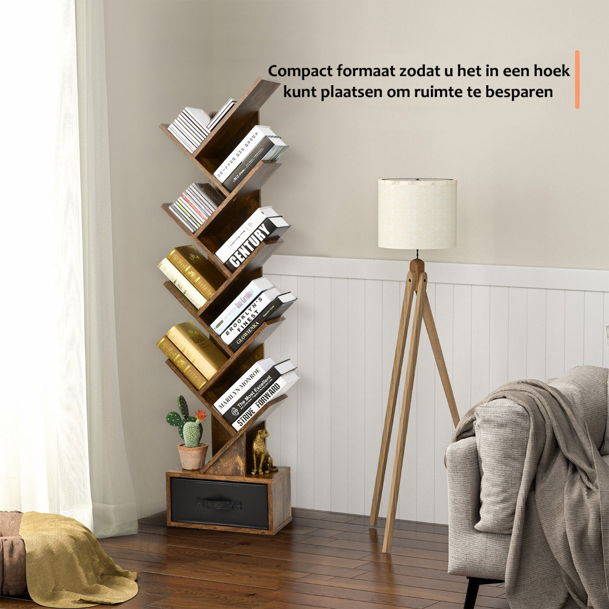 LIVSK Boom Boekenplank - Uniek Boomvormig Design - 10 Open Planken en Stoffen Lade - Stevige Constructie - 38 x 21,5 x 149,5 cm -