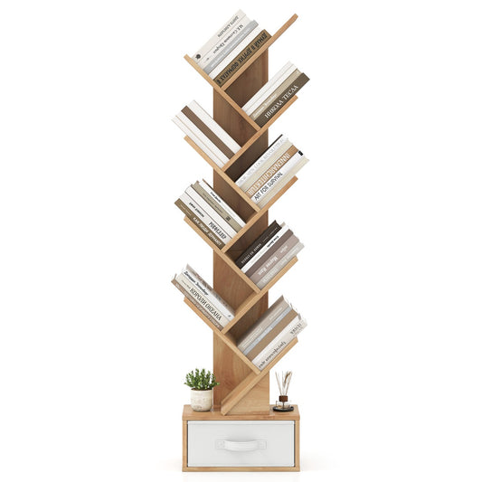 LIVSK Boom-Boekenplank met Lade - 10 Planken - Uniek Design - Stevig en Stabiel - Compact voor Kleine Ruimtes - Natuurlijk