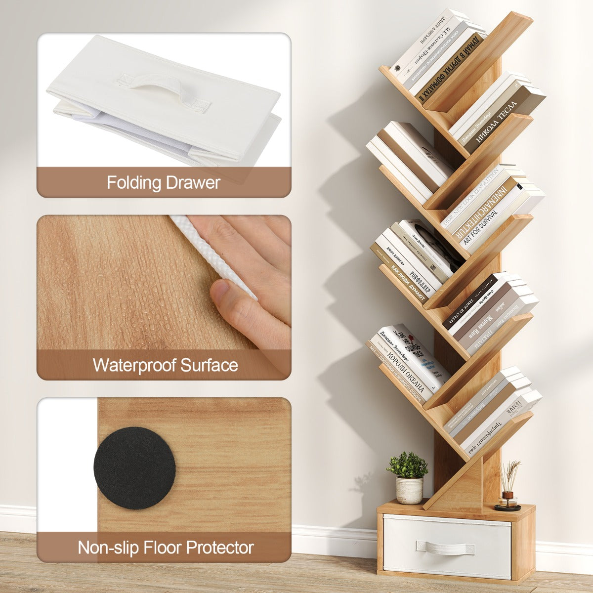 LIVSK Boom-Boekenplank met Lade - 10 Planken - Uniek Design - Stevig en Stabiel - Compact voor Kleine Ruimtes - Natuurlijk