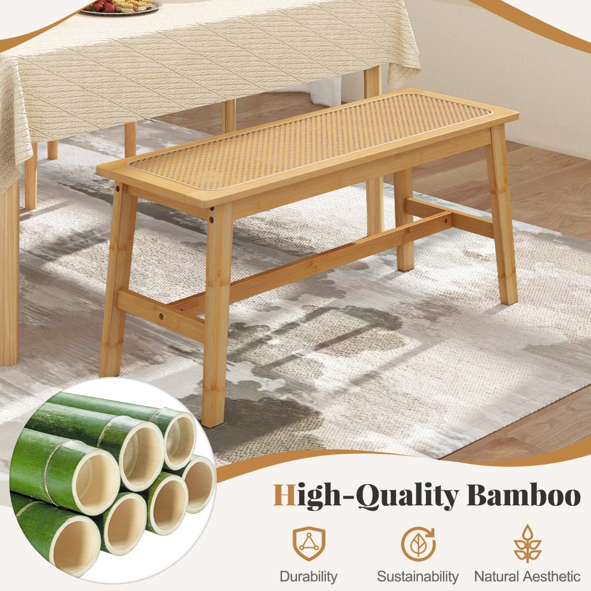 Livsk costway 100 cm bamboe eetkamerstoel met handgeweven rotan zitting houten bank 5