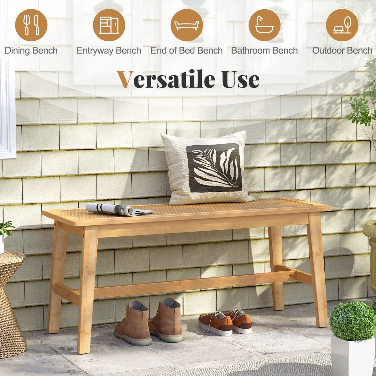 Livsk costway 100 cm bamboe eetkamerstoel met handgeweven rotan zitting houten bank 6