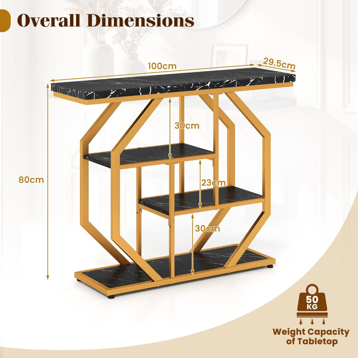 Livsk costway 100 cm console tafel 4 traps moderne haltafel met opbergruimte kunstmarmeren tafelblad