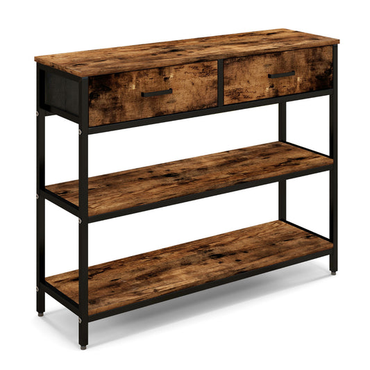 LIVSK Consoletafel met 2 Laden - Robuust Metaal - Verstelbare Kussens - Kantelbeveiliging - 100 x 30 x 80 cm - Rustiek bruin
