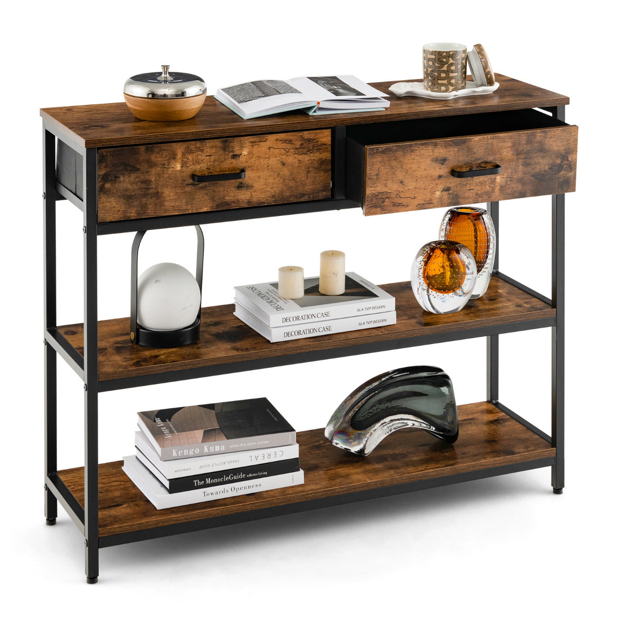 LIVSK Consoletafel met 2 Laden - Robuust Metaal - Verstelbare Kussens - Kantelbeveiliging - 100 x 30 x 80 cm - Rustiek bruin