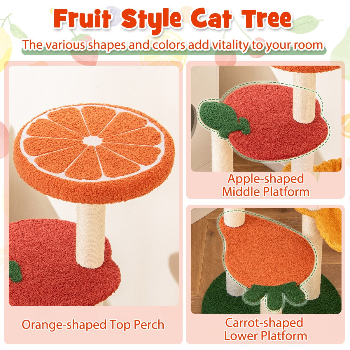 LIVSK Fruitige Kattenboom - Draaibare Hangmat - Meerdere Platforms - Krabpalen - Stevige Basis - 48,5 x 48,5 x 99,5 cm -