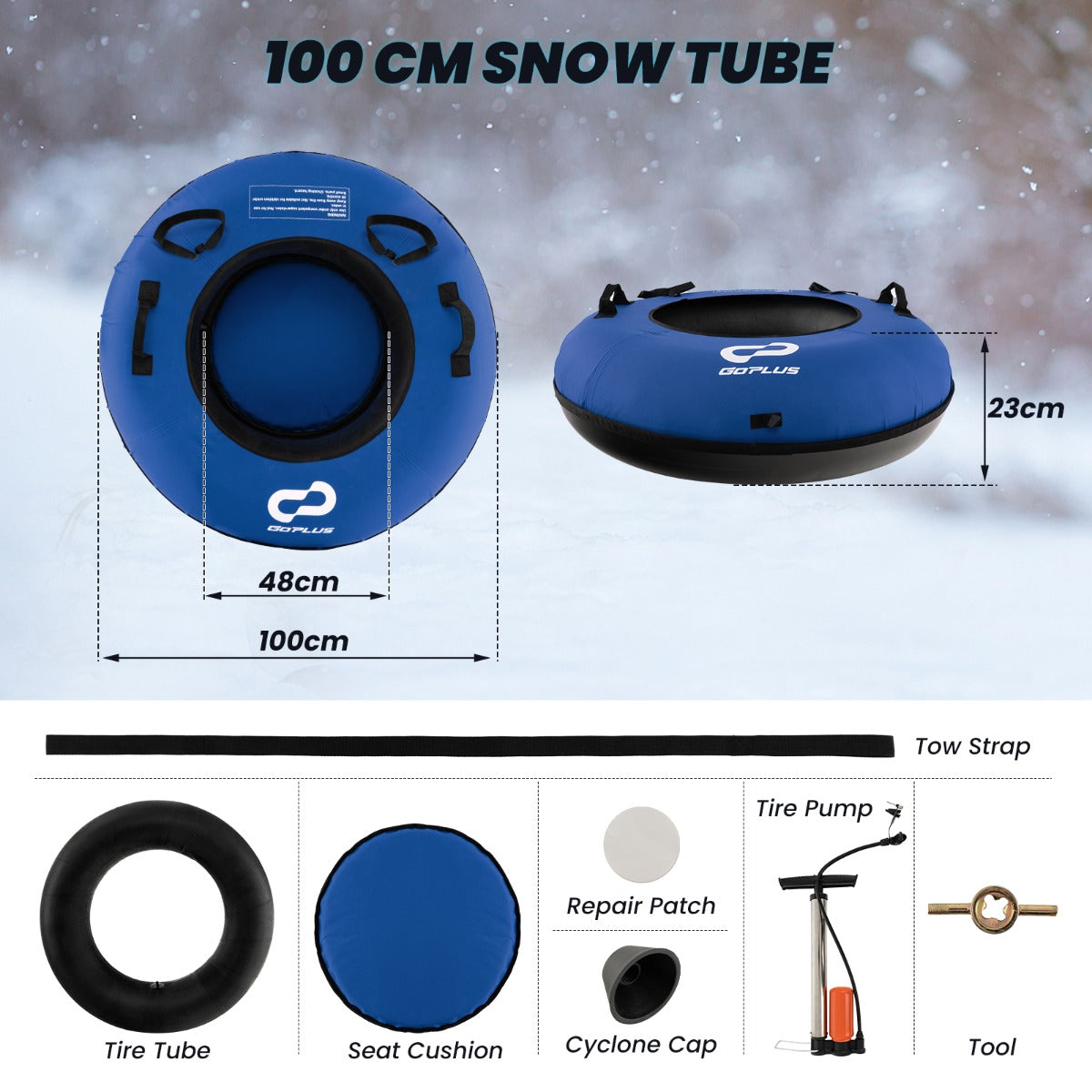 Livsk costway 100 cm opblaasbare sneeuwslee hoogwaardige rubberen binnenband stijve bodem trekband opblaaspomp voor kinderen volwassenen blauw 1 1