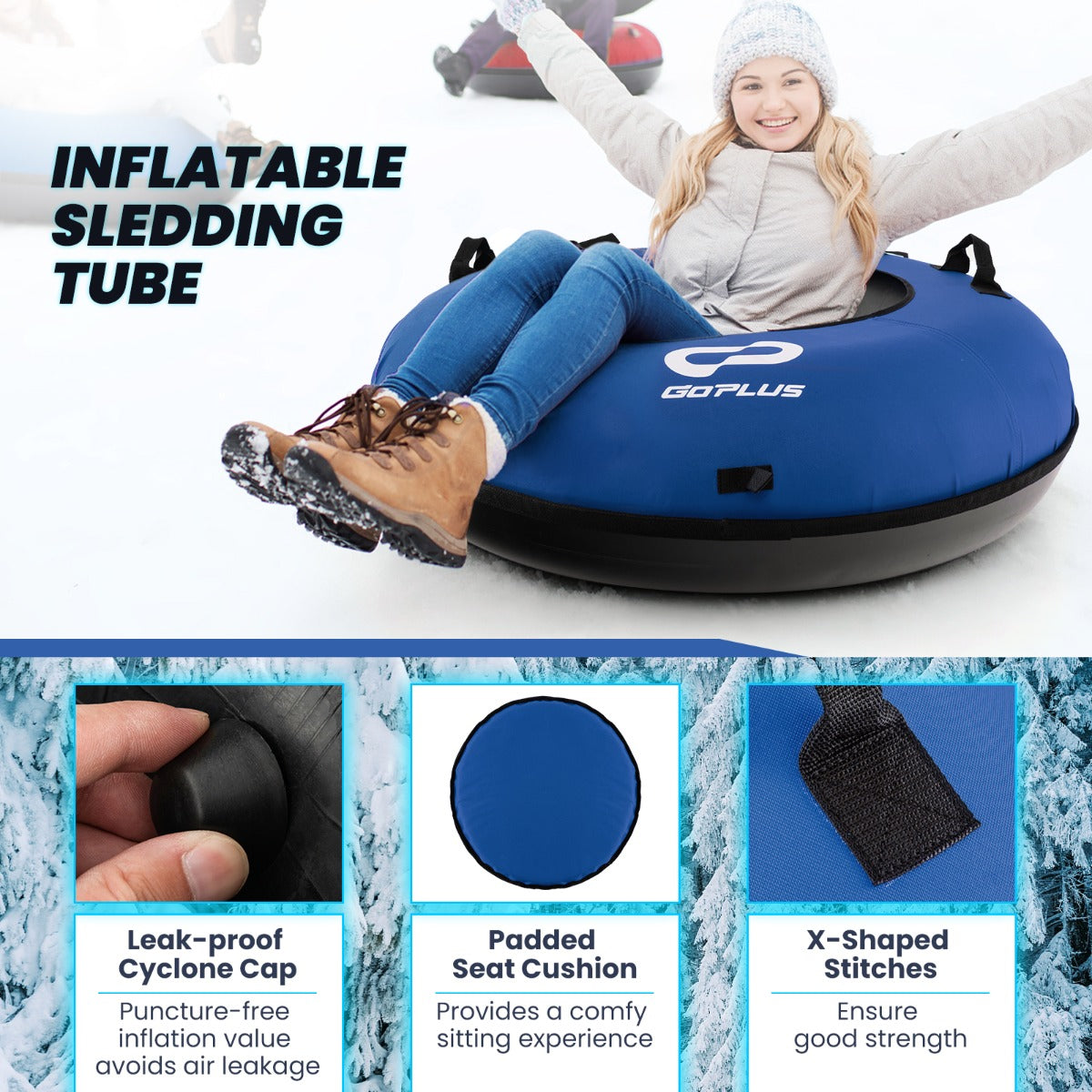 Livsk costway 100 cm opblaasbare sneeuwslee hoogwaardige rubberen binnenband stijve bodem trekband opblaaspomp voor kinderen volwassenen blauw 5