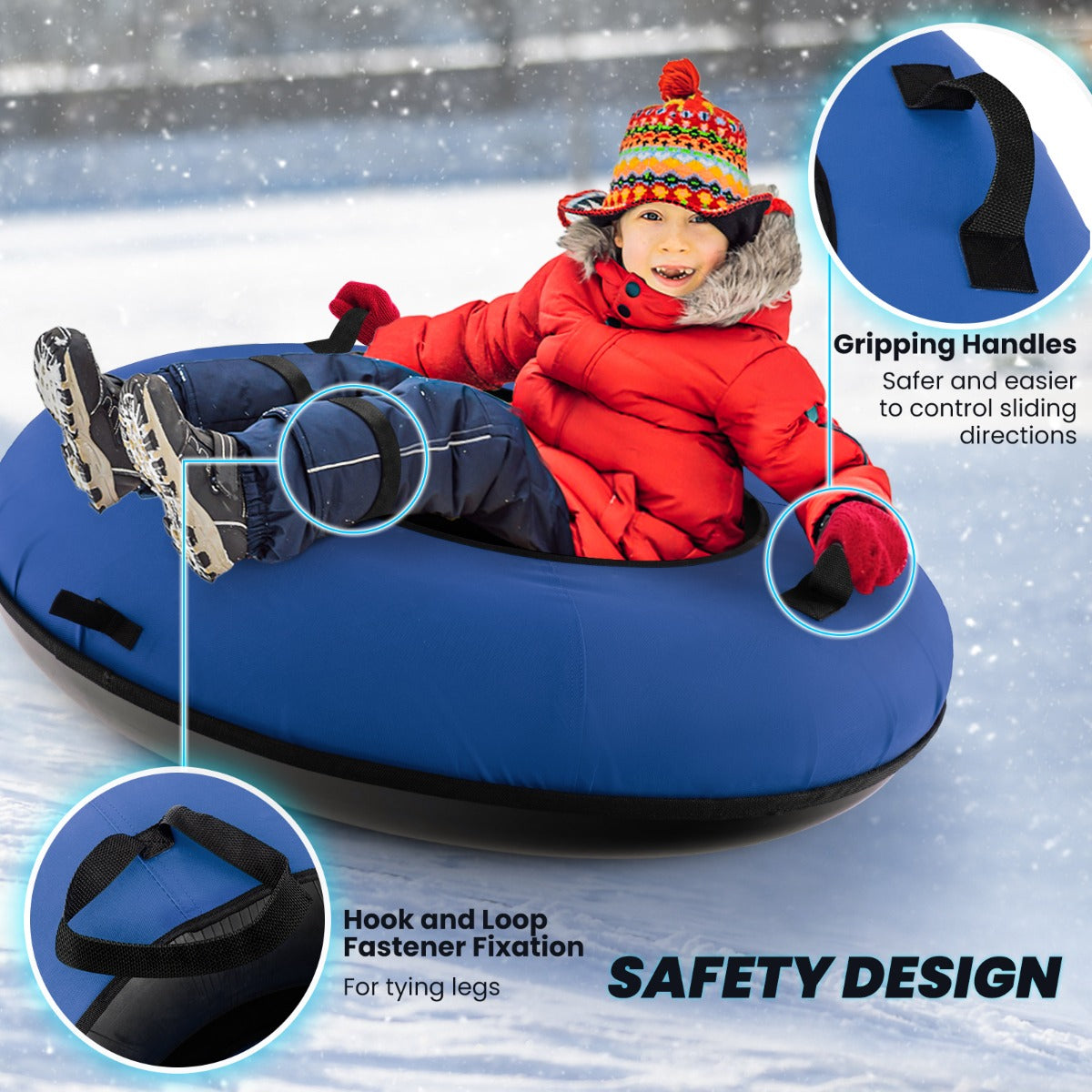 Livsk costway 100 cm opblaasbare sneeuwslee hoogwaardige rubberen binnenband stijve bodem trekband opblaaspomp voor kinderen volwassenen blauw 6