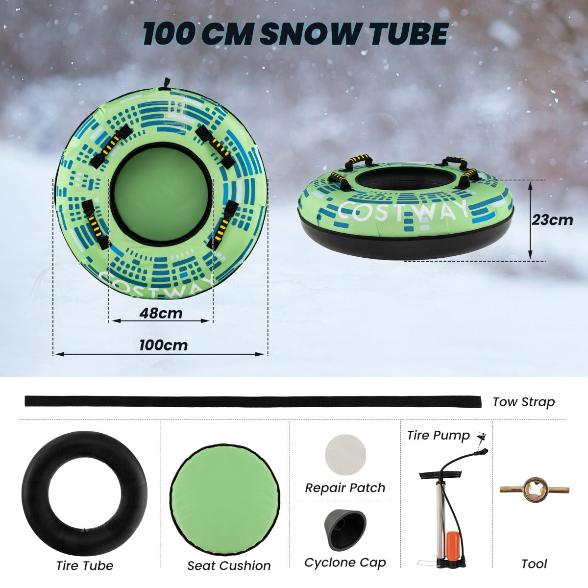 Livsk costway 100 cm opblaasbare sneeuwslee hoogwaardige rubberen binnenband stijve bodem trekband opblaaspomp voor kinderen volwassenen donkergroen 1 1