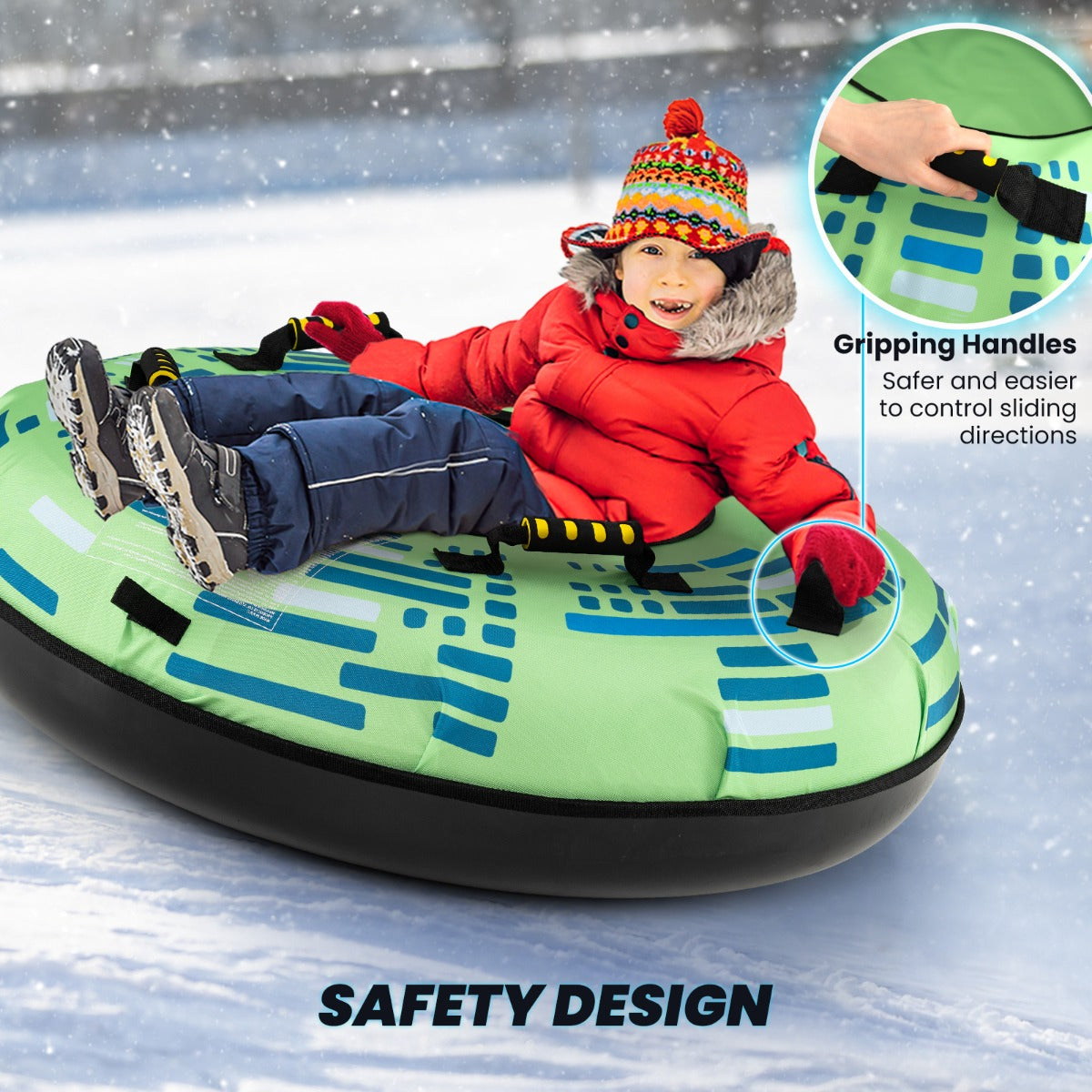 Livsk costway 100 cm opblaasbare sneeuwslee hoogwaardige rubberen binnenband stijve bodem trekband opblaaspomp voor kinderen volwassenen donkergroen 6