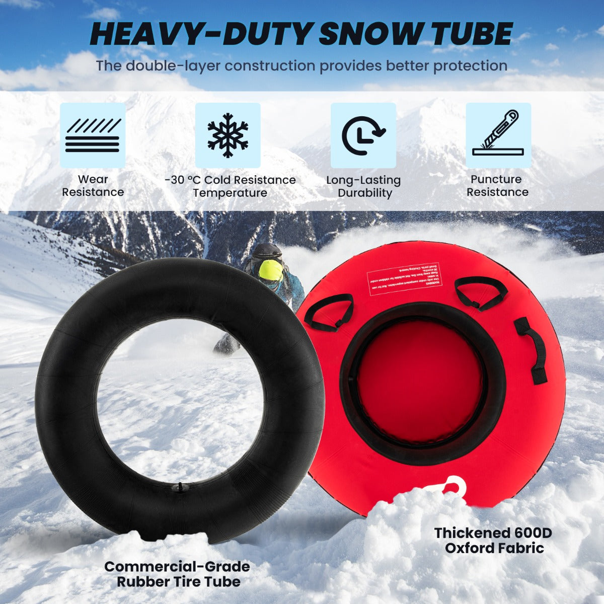Livsk costway 100 cm opblaasbare sneeuwslee hoogwaardige rubberen binnenband stijve bodem trekband opblaaspomp voor kinderen volwassenen rood 2