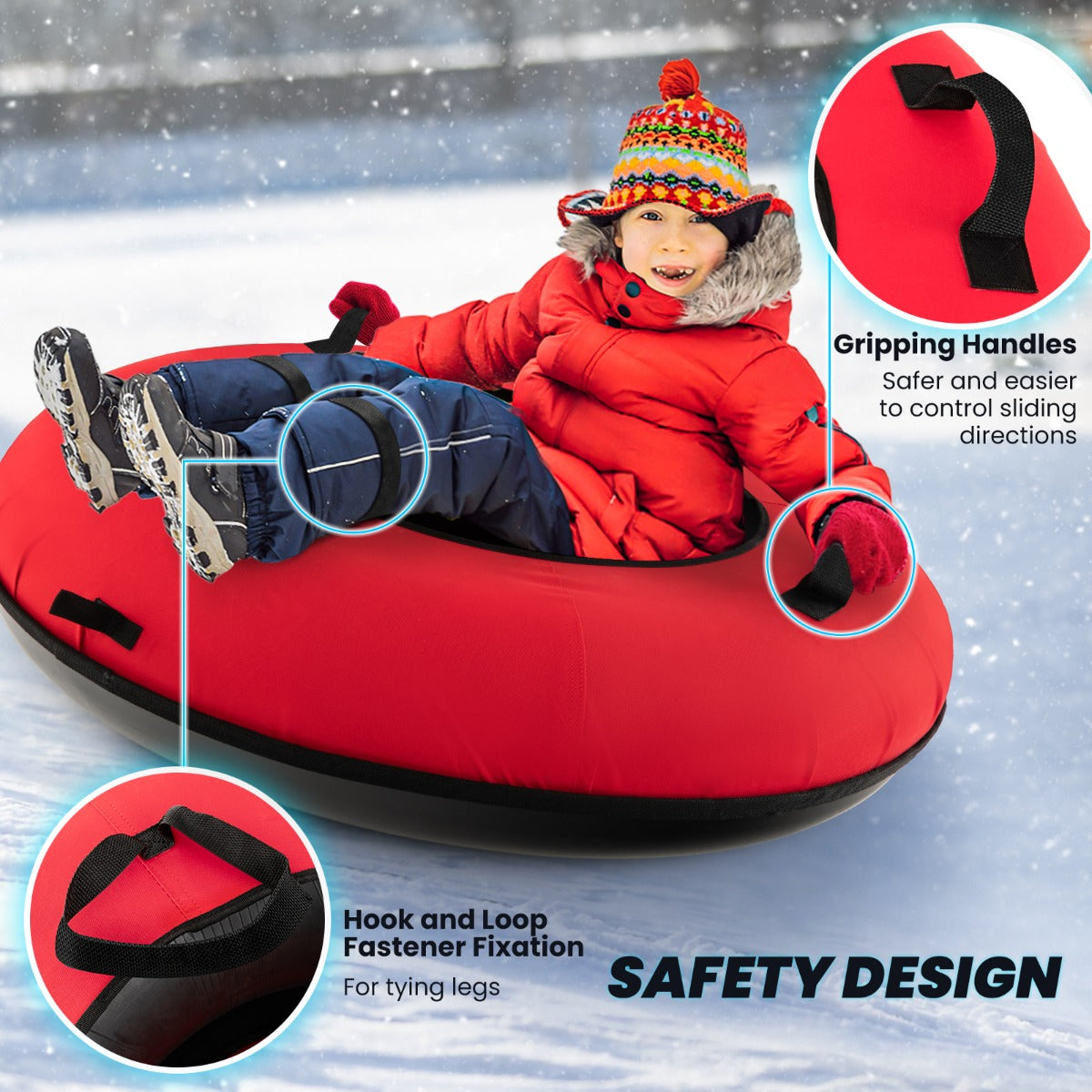 Livsk costway 100 cm opblaasbare sneeuwslee hoogwaardige rubberen binnenband stijve bodem trekband opblaaspomp voor kinderen volwassenen rood 5
