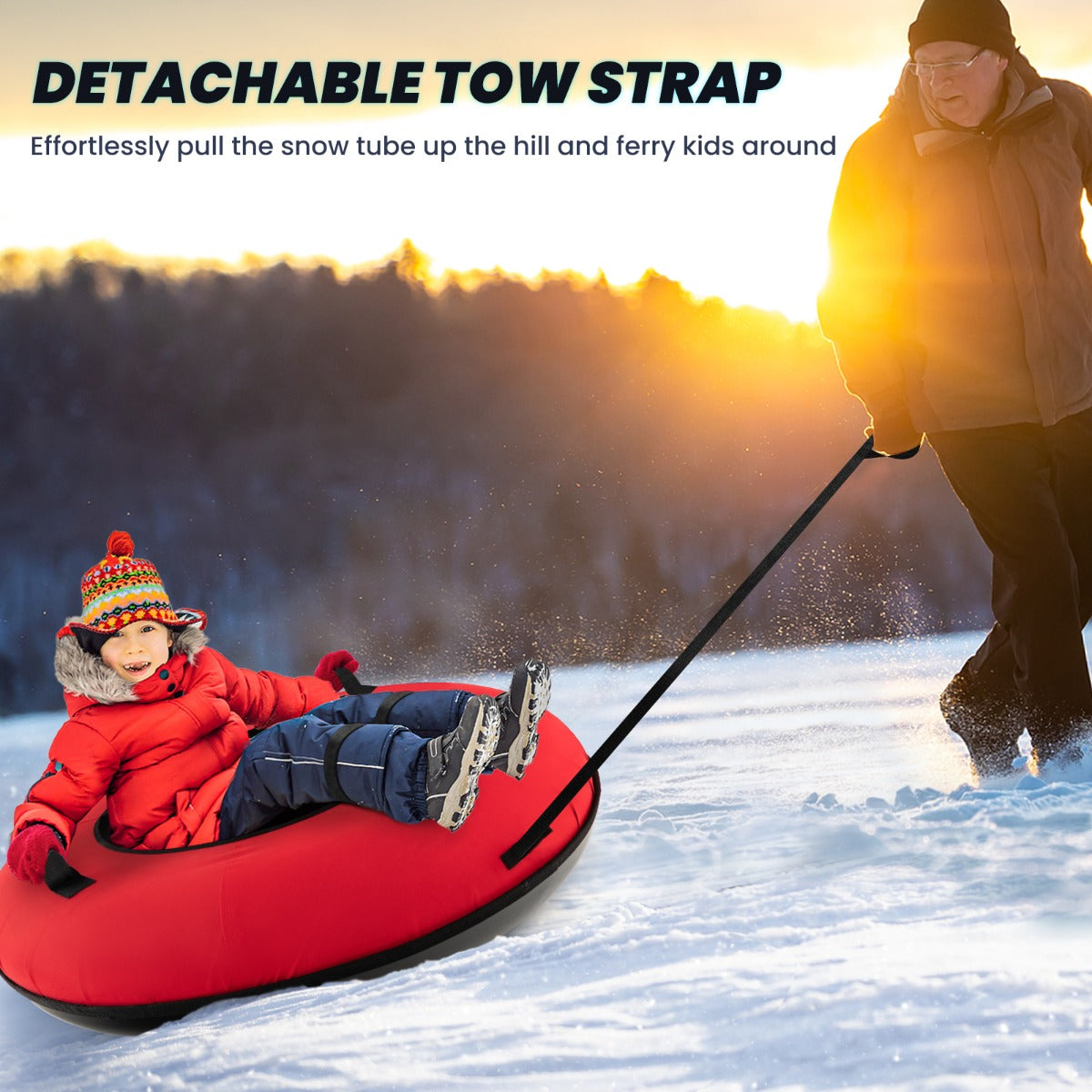 Livsk costway 100 cm opblaasbare sneeuwslee hoogwaardige rubberen binnenband stijve bodem trekband opblaaspomp voor kinderen volwassenen rood 6