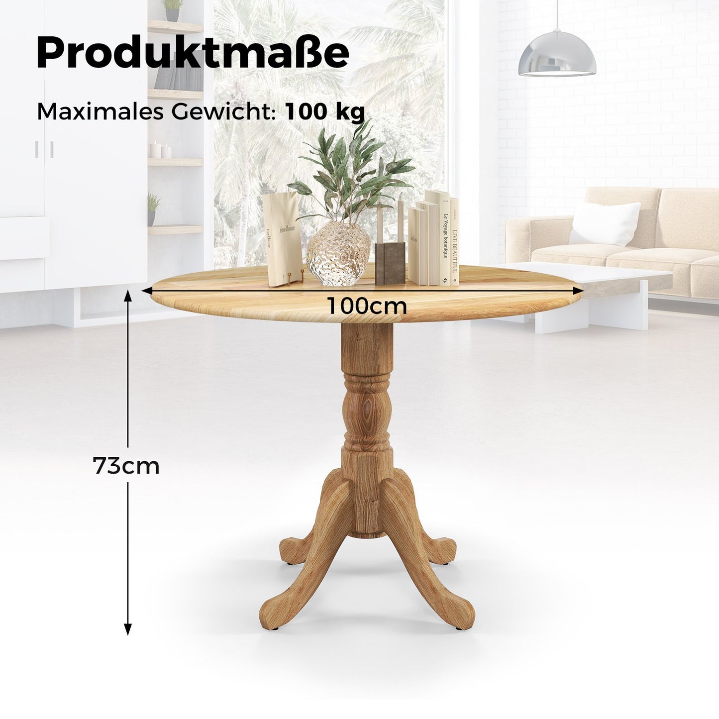 LIVSK Ronde Eettafel van Massief Rubberhout - Modern Ontwerp voor 4 Personen - Verstelbare Voetsteunen - Natuurlijk