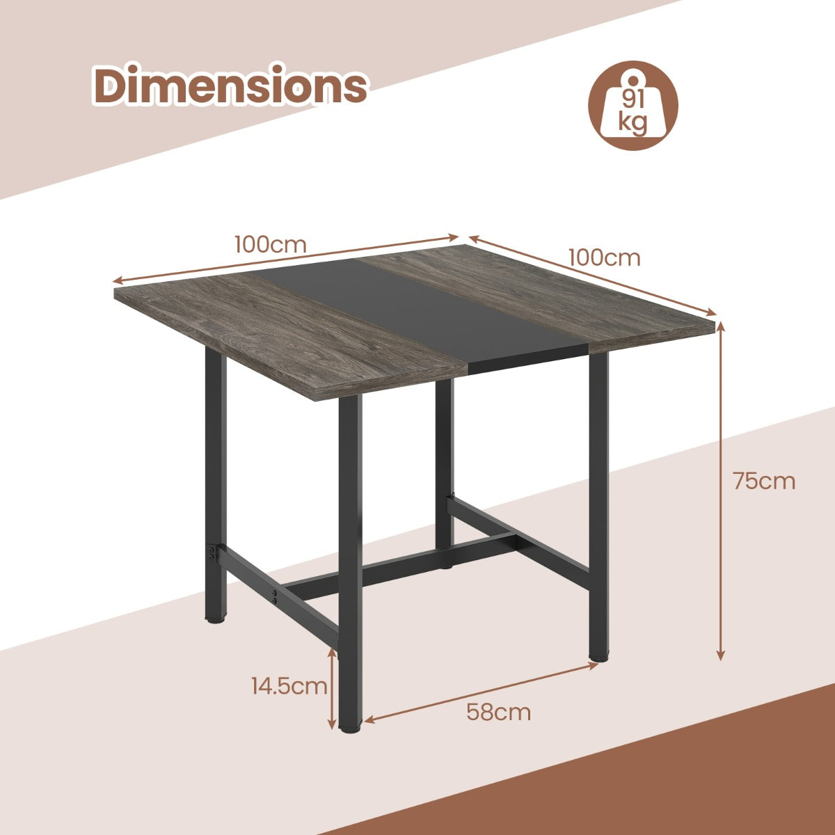 Livsk costway 100 cm vierkante vergadertafel vergadertafel met versterkt tafelblad en robuust metalen onderstel grijs 2