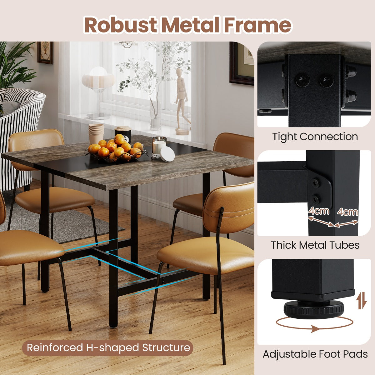Livsk costway 100 cm vierkante vergadertafel vergadertafel met versterkt tafelblad en robuust metalen onderstel grijs 5
