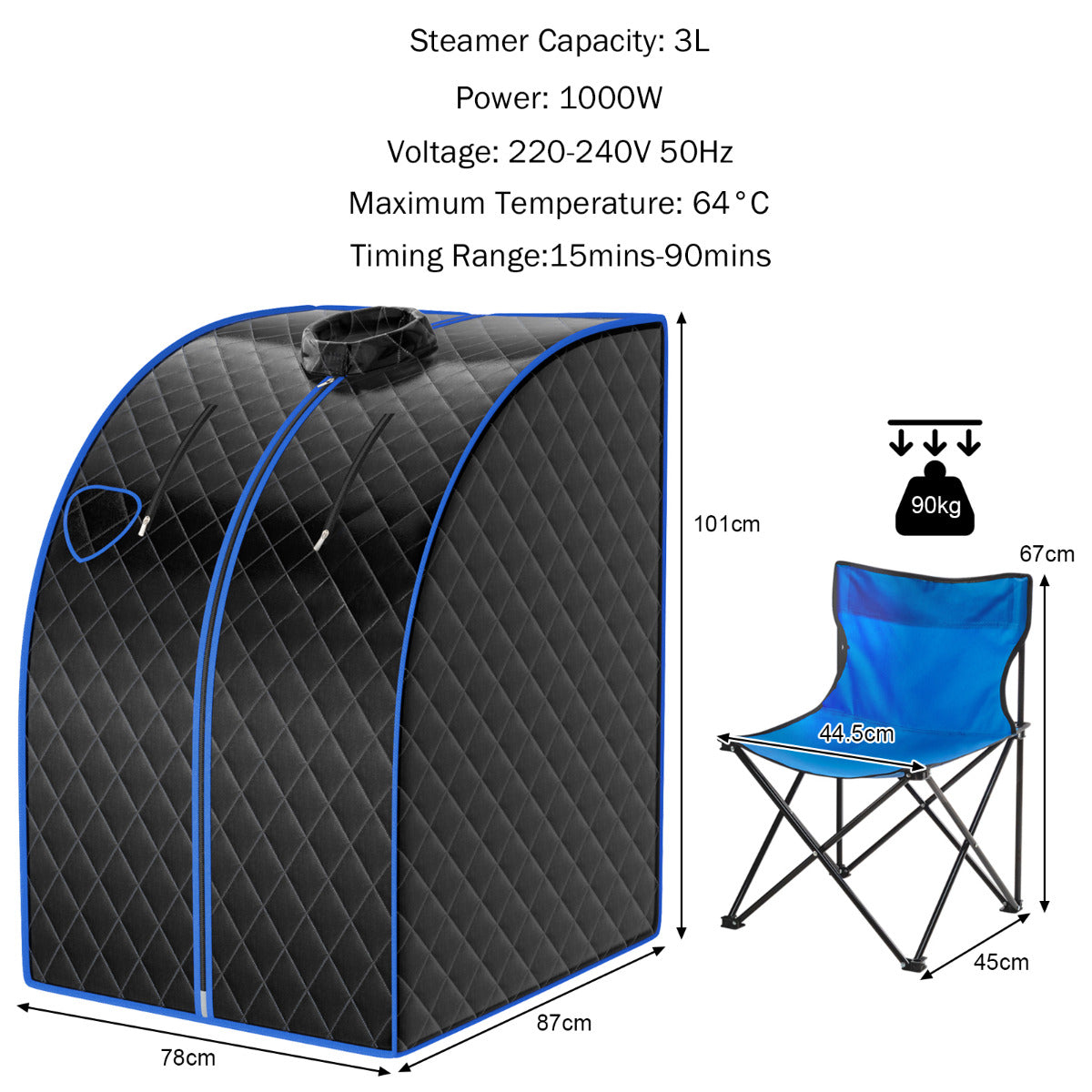 LIVSK Draagbare Stoomsauna - 1000W - 3L Capaciteit - 9 Temperatuurniveaus - Afstandsbediening - Veilig en Duurzaam - Zwart